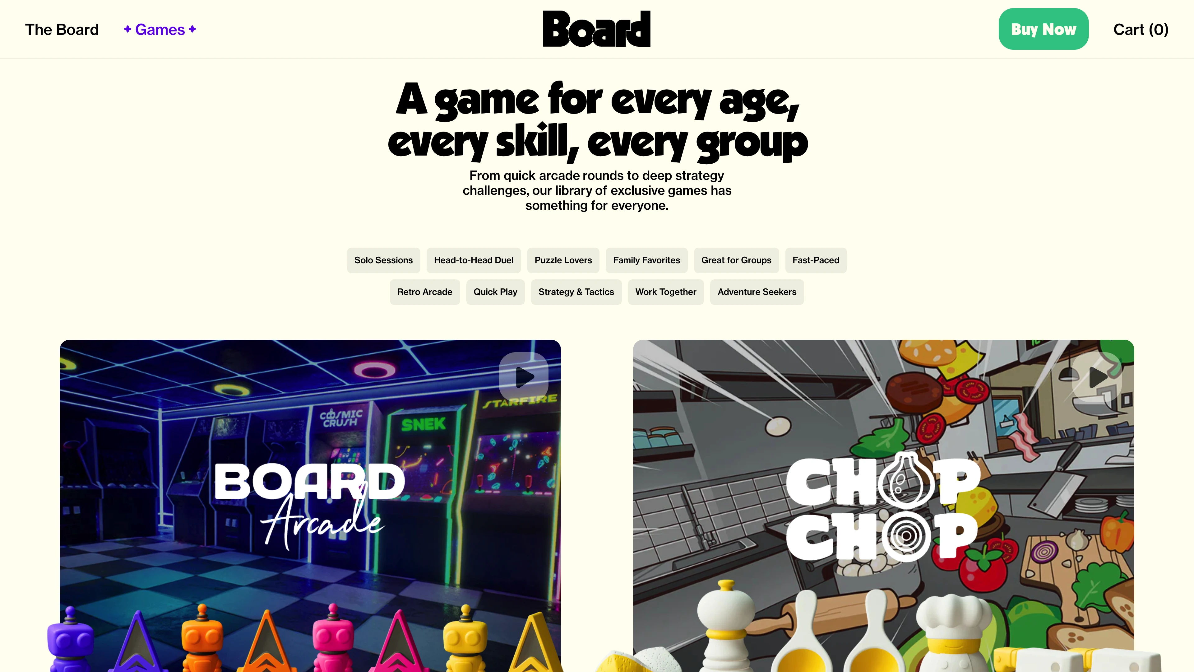 Full page screenshot of the Board.fun website. Board fuses the best of board games and video games into something entirely new. …