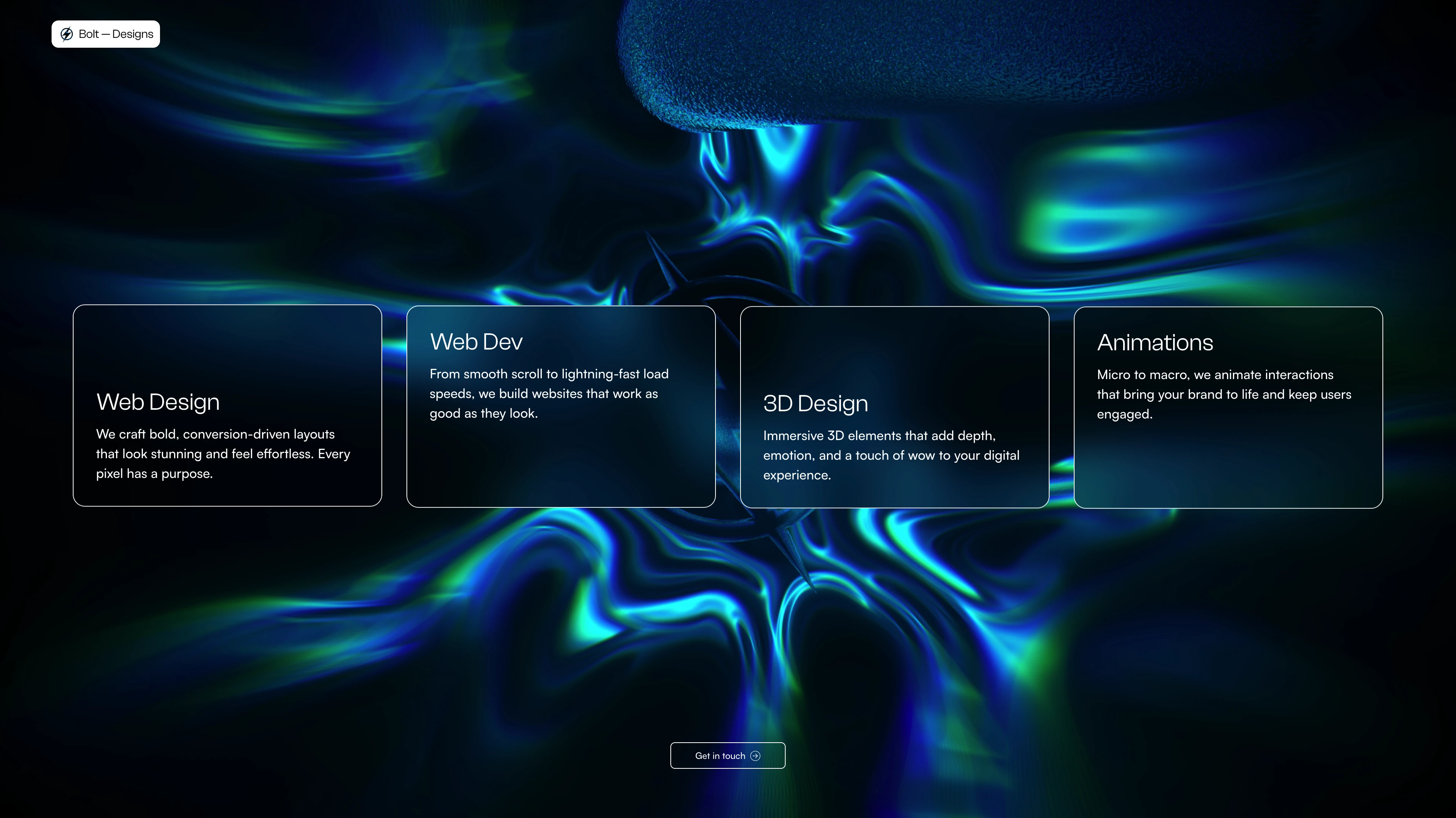 Full page screenshot of the Bolt-Designs website. Shockingly good websites. We don’t do slow. We don’t do boring. At Bolt Designs, …