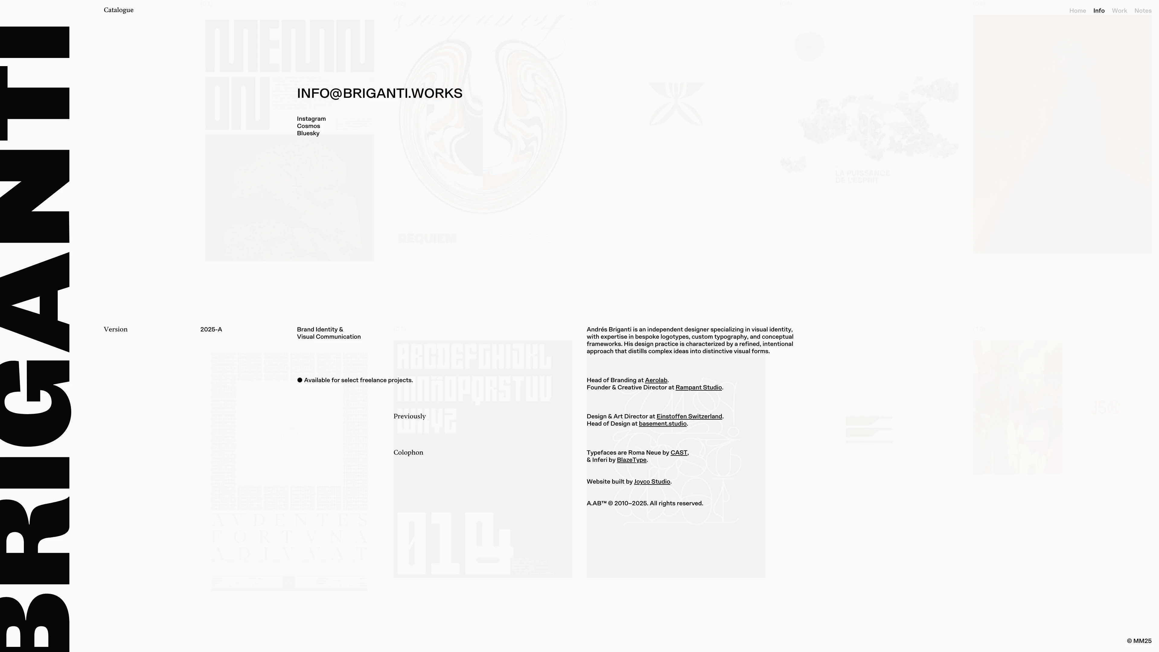 Full page screenshot of the Andres Briganti website. Andrés Briganti is an independent designer specializing in visual identity, with …
