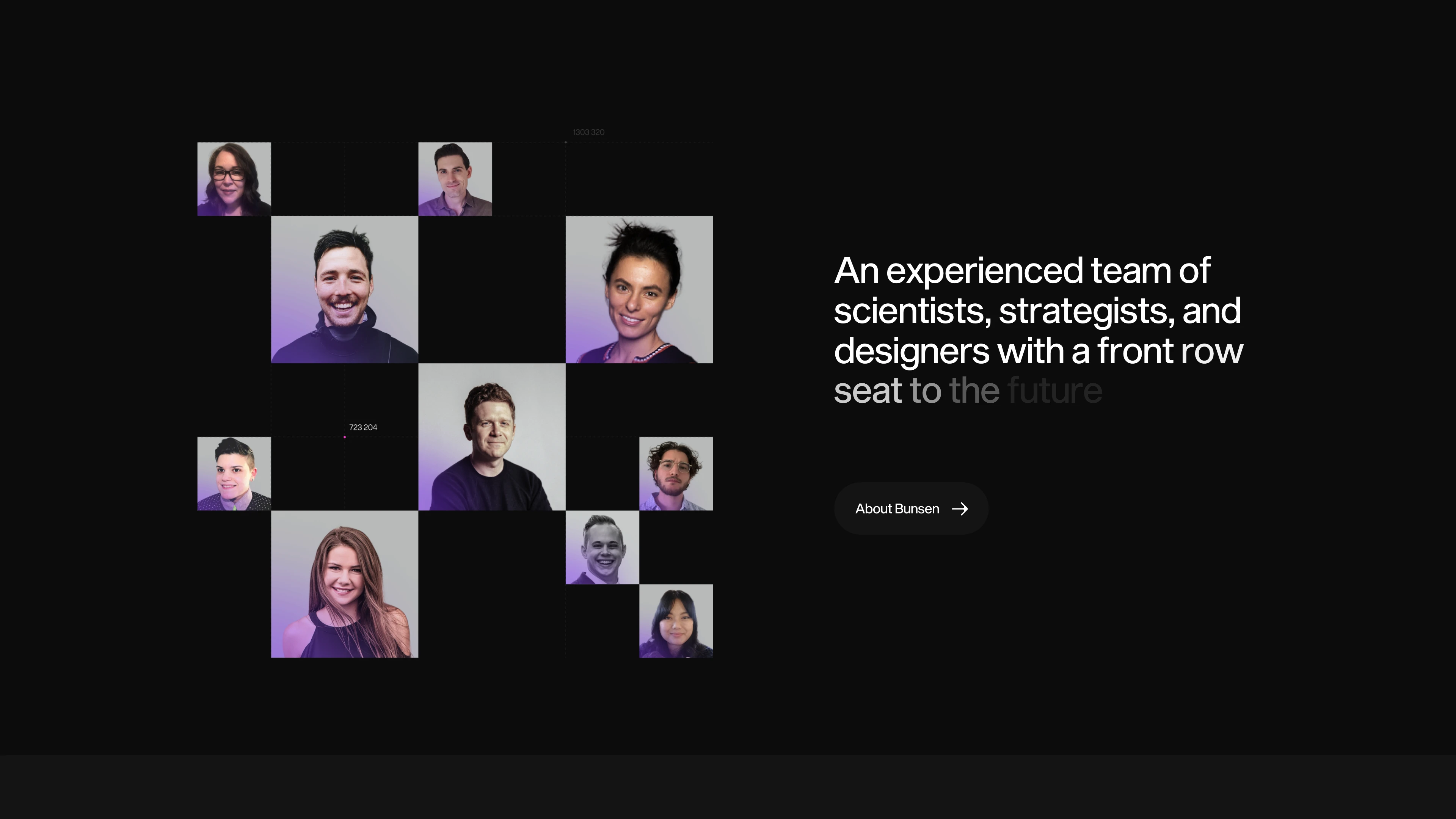 Full page screenshot of the Bunsen Studio website. Bunsen is a full-service creative and communications studio serving science and …