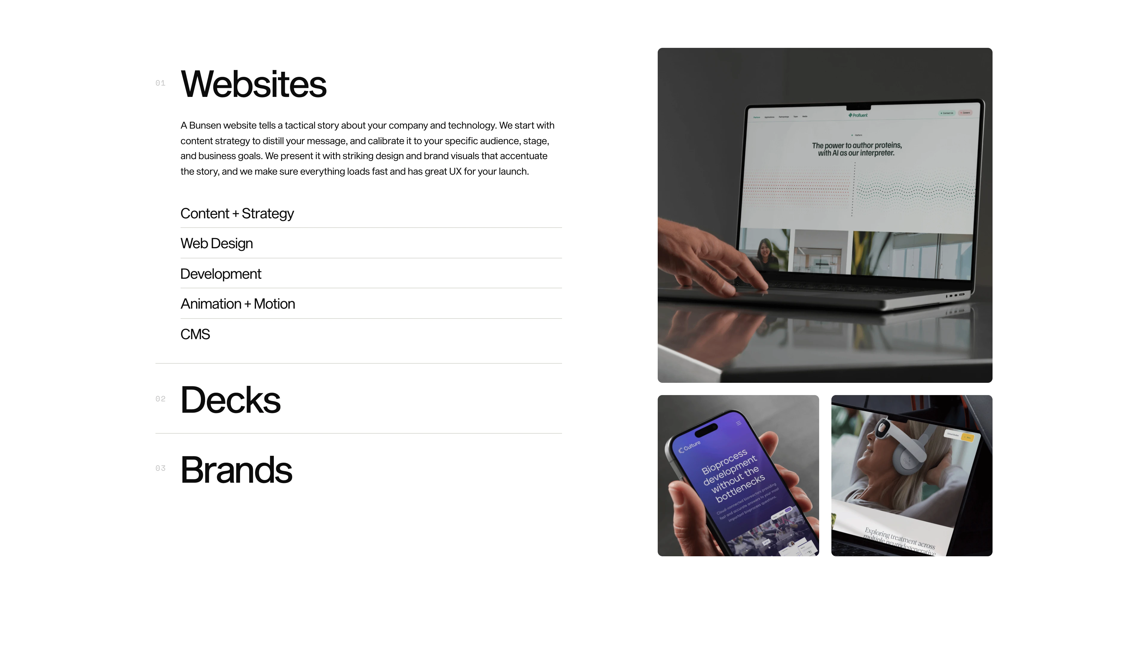 Full page screenshot of the Bunsen Studio website. Bunsen is a full-service creative and communications studio serving science and …