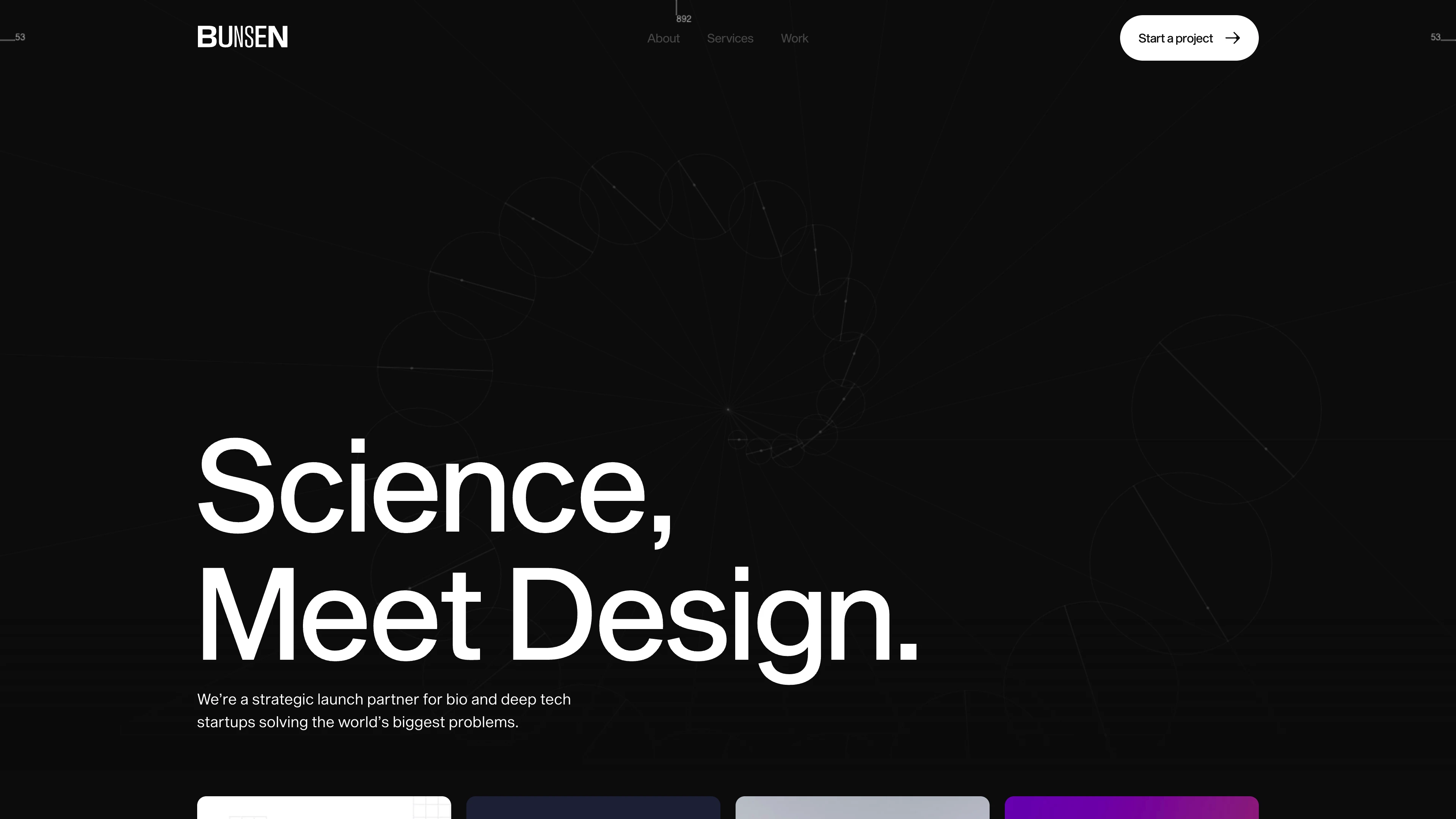 Full page screenshot of the Bunsen Studio website. Bunsen is a full-service creative and communications studio serving science and …