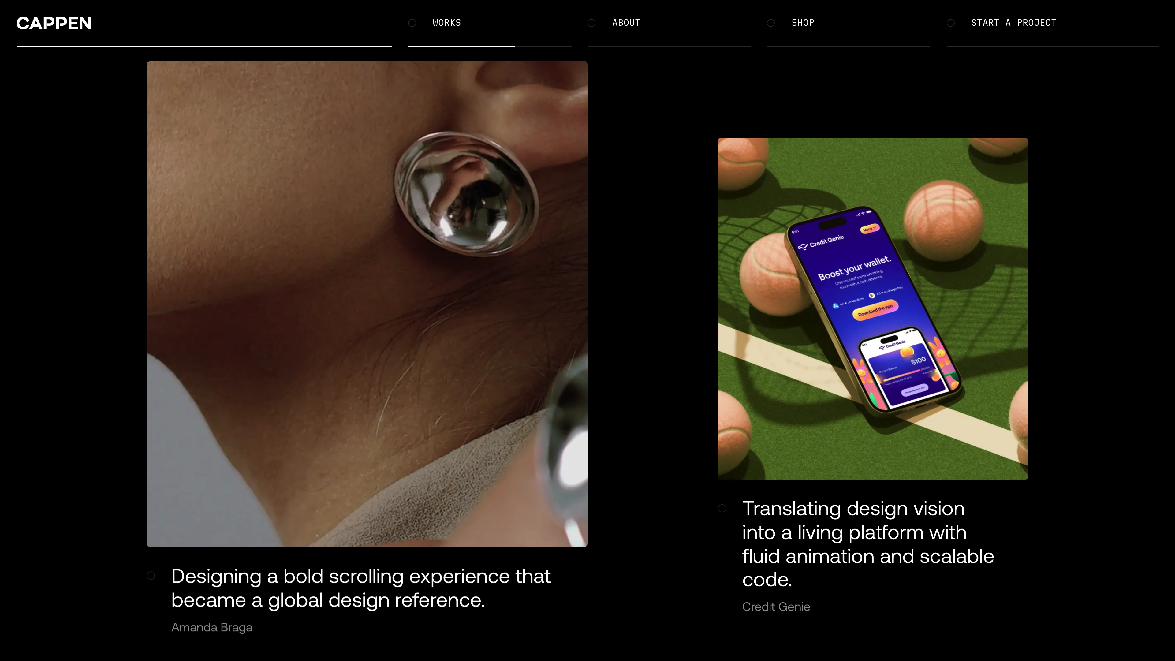 Full page screenshot of the Cappen website. Cappen is a globally awarded web design & development and creative design …