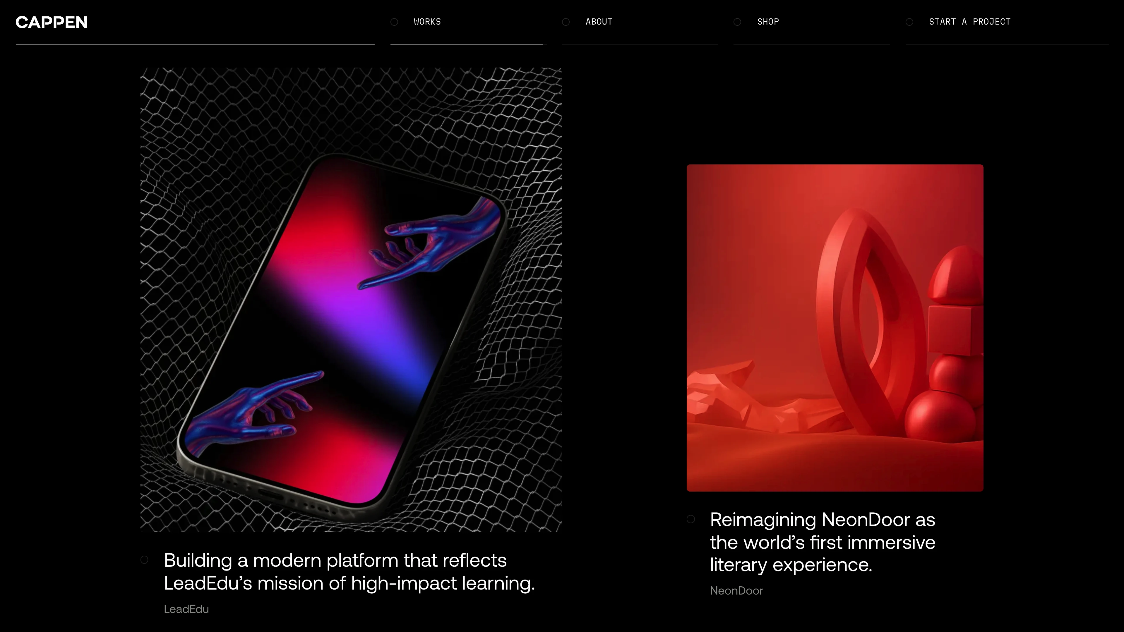 Full page screenshot of the Cappen website. Cappen is a globally awarded web design & development and creative design …