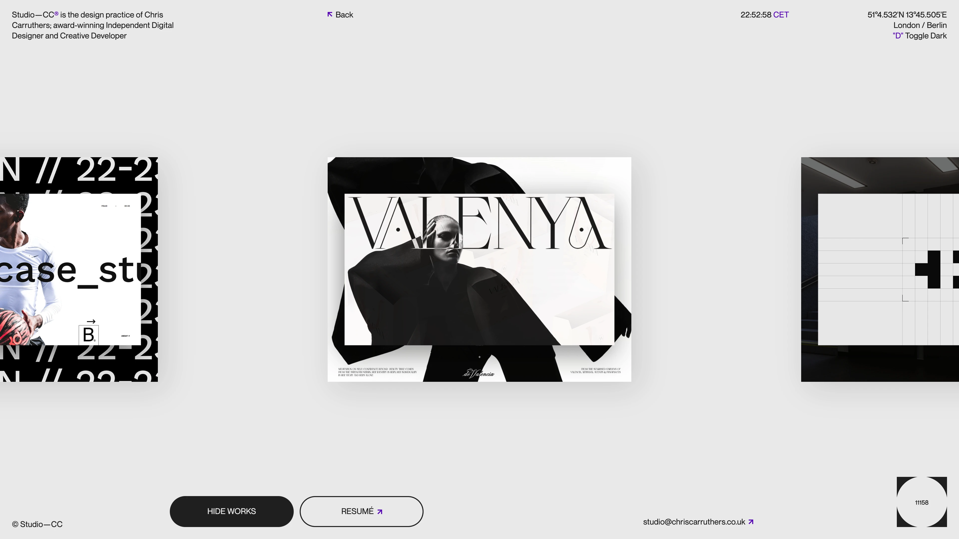 Full page screenshot of the Studio—CC website. Studio—CC is the design practice of Chris Carruthers; award-winning Independent …