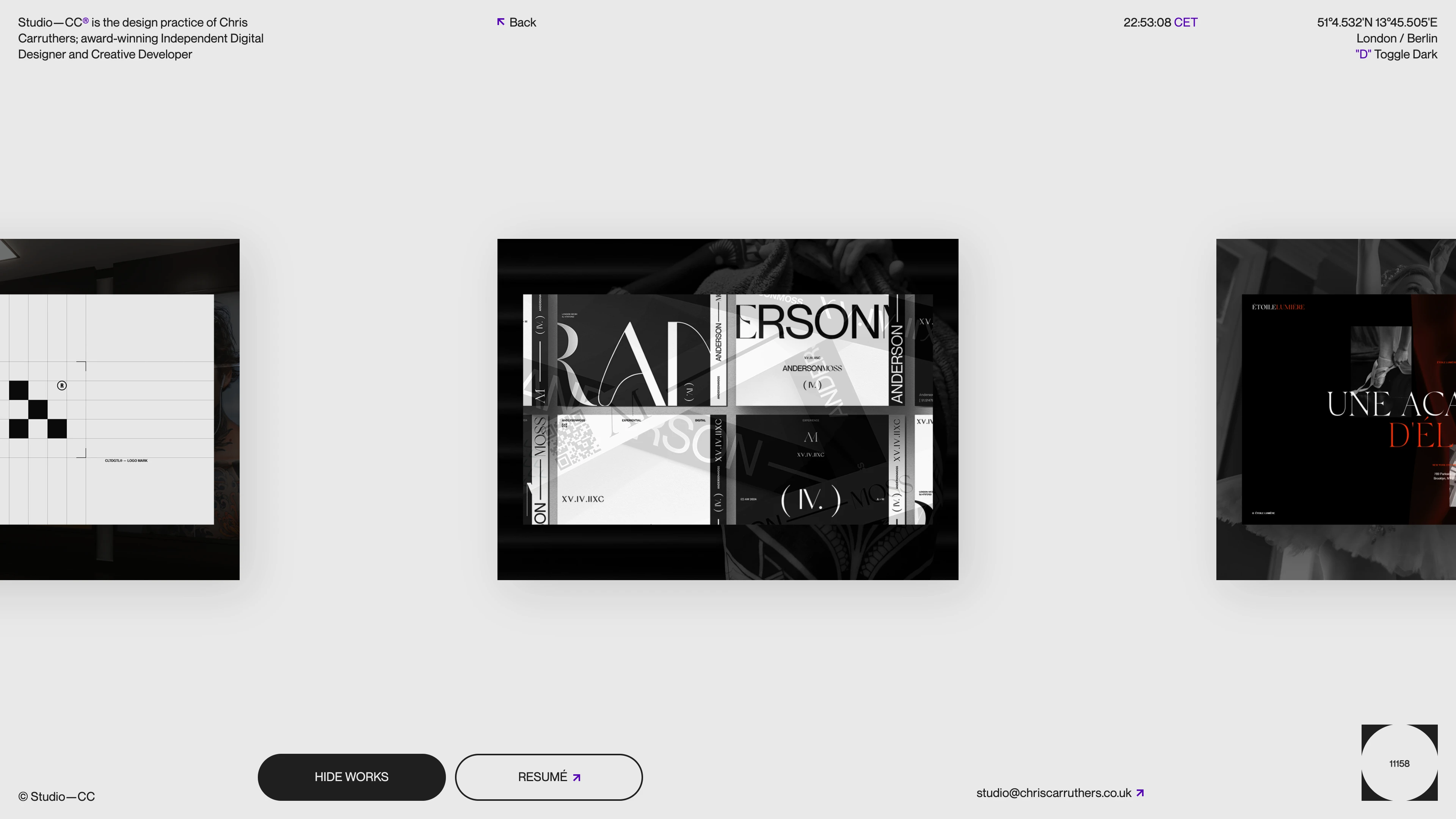 Full page screenshot of the Studio—CC website. Studio—CC is the design practice of Chris Carruthers; award-winning Independent …