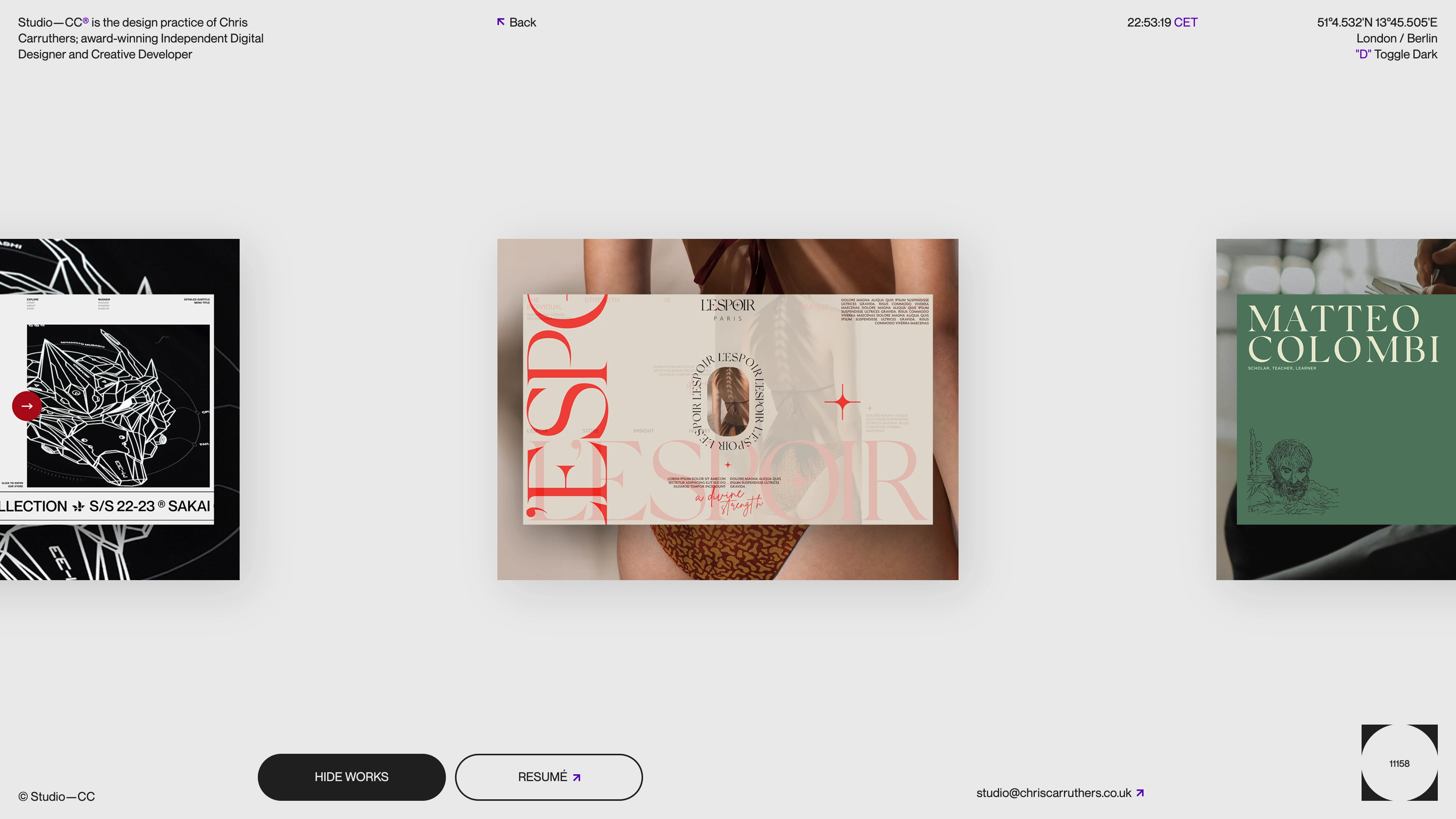 Full page screenshot of the Studio—CC website. Studio—CC is the design practice of Chris Carruthers; award-winning Independent …