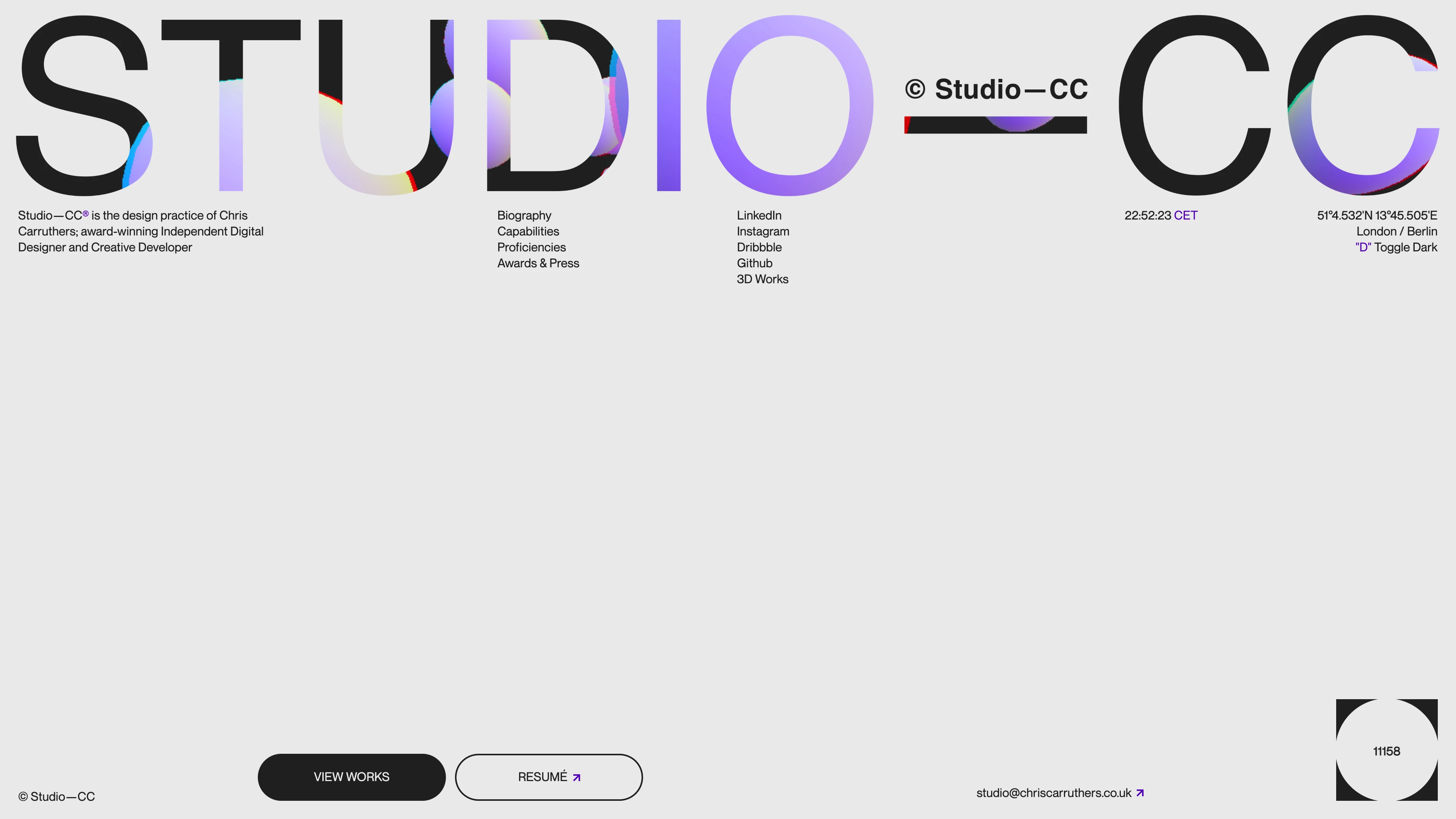 Full page screenshot of the Studio—CC website. Studio—CC is the design practice of Chris Carruthers; award-winning Independent …