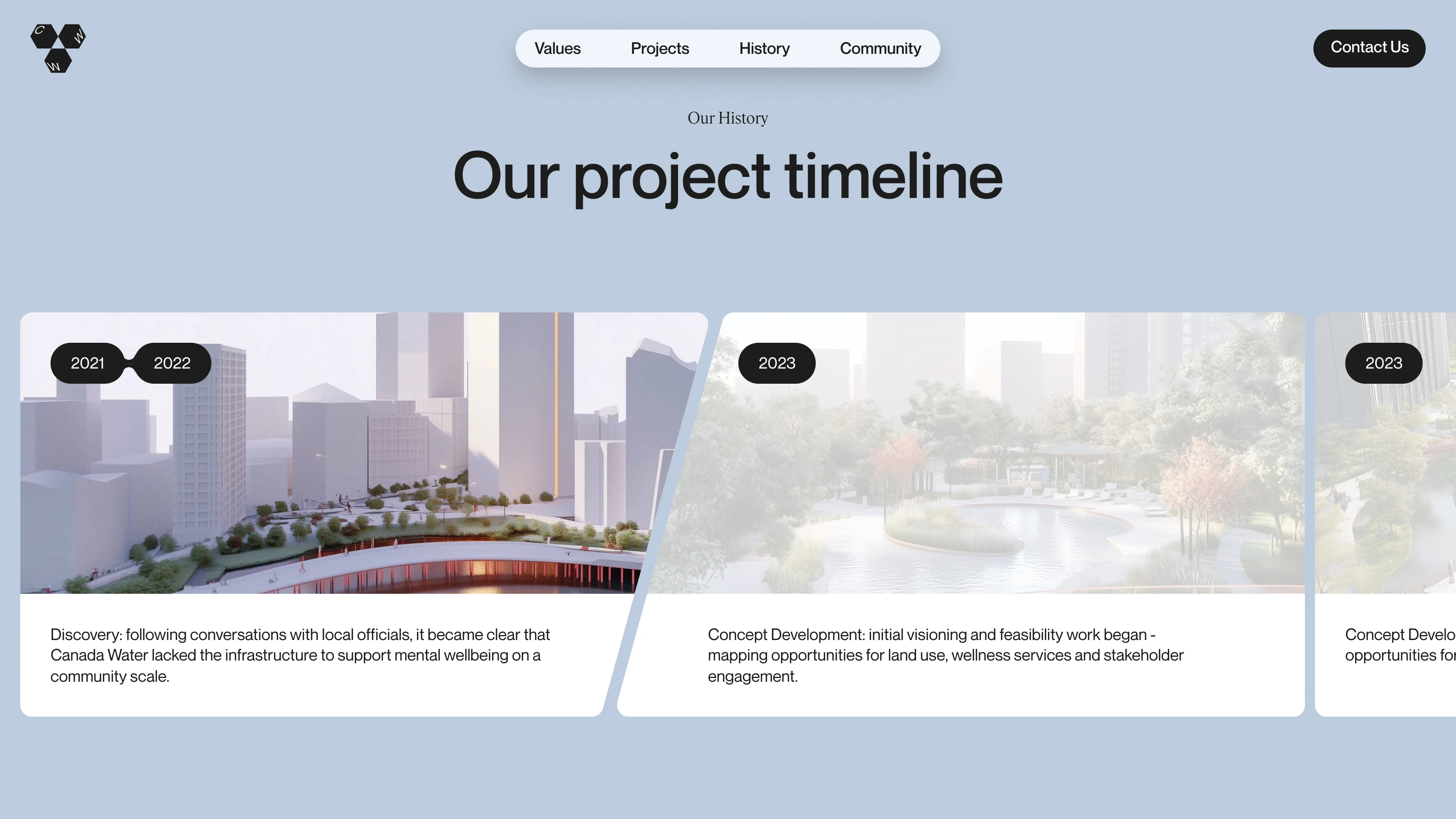 Full page screenshot of the Clearwater website. Rethinking urban land use to prioritise wellbeing, accessibility and community …