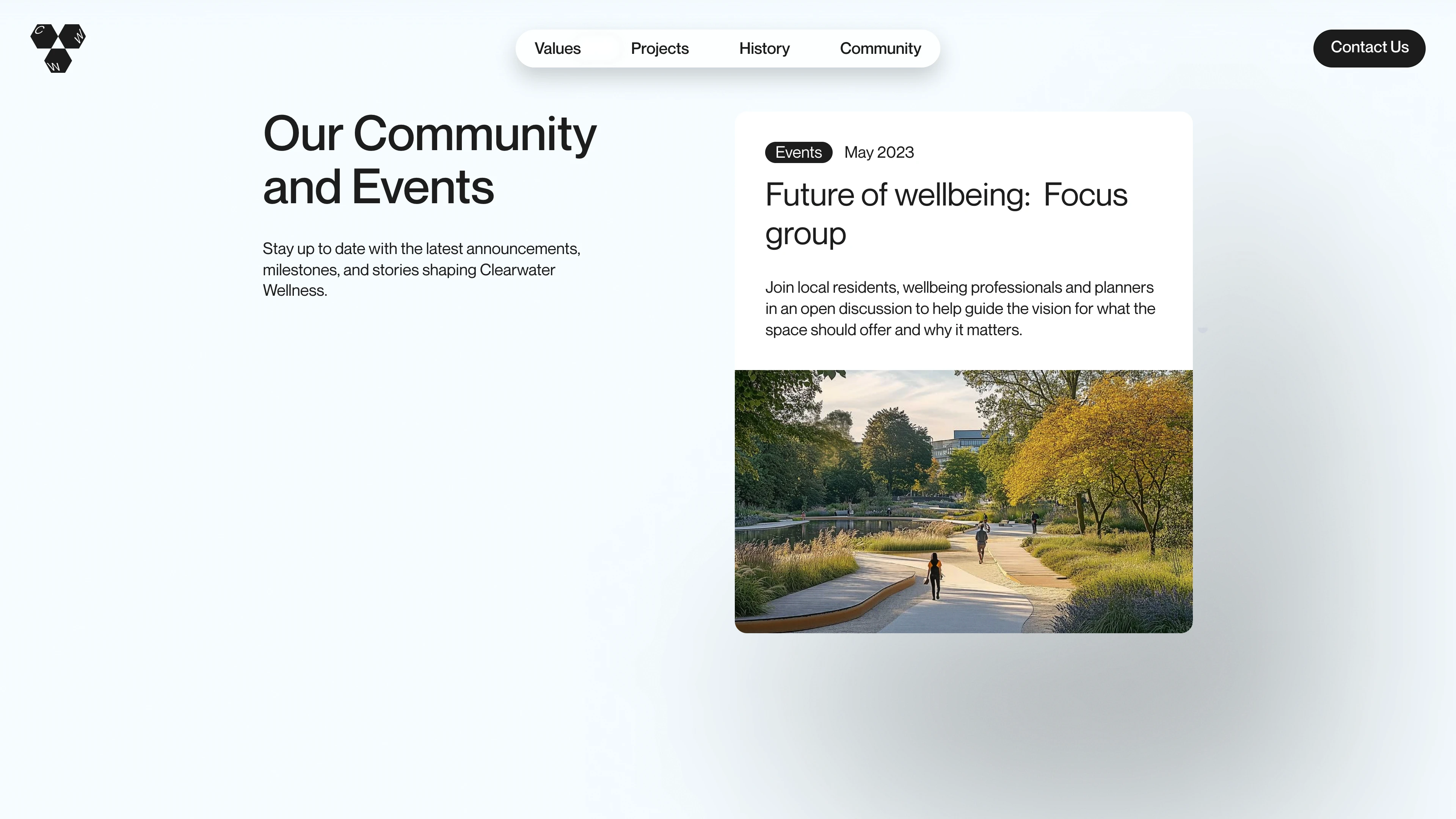 Full page screenshot of the Clearwater website. Rethinking urban land use to prioritise wellbeing, accessibility and community …