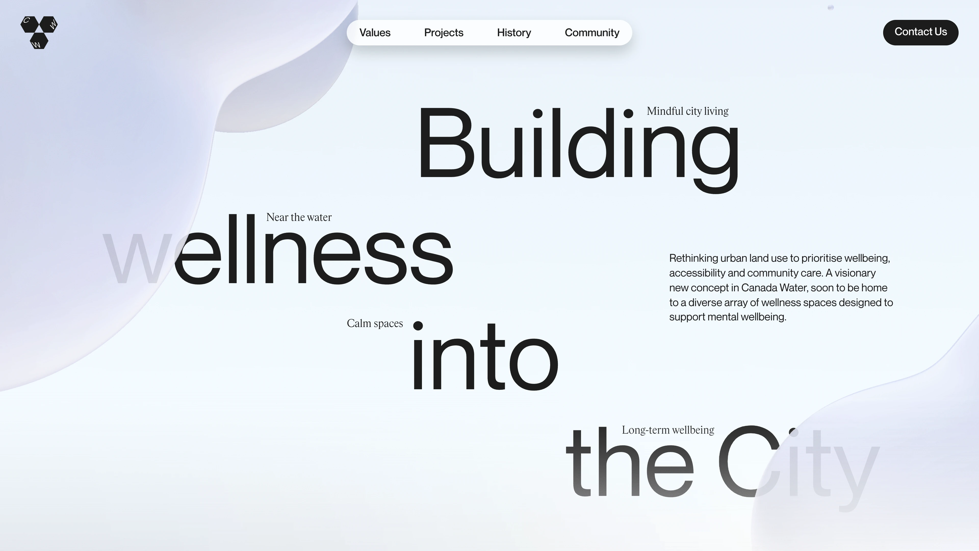 Full page screenshot of the Clearwater website. Rethinking urban land use to prioritise wellbeing, accessibility and community …