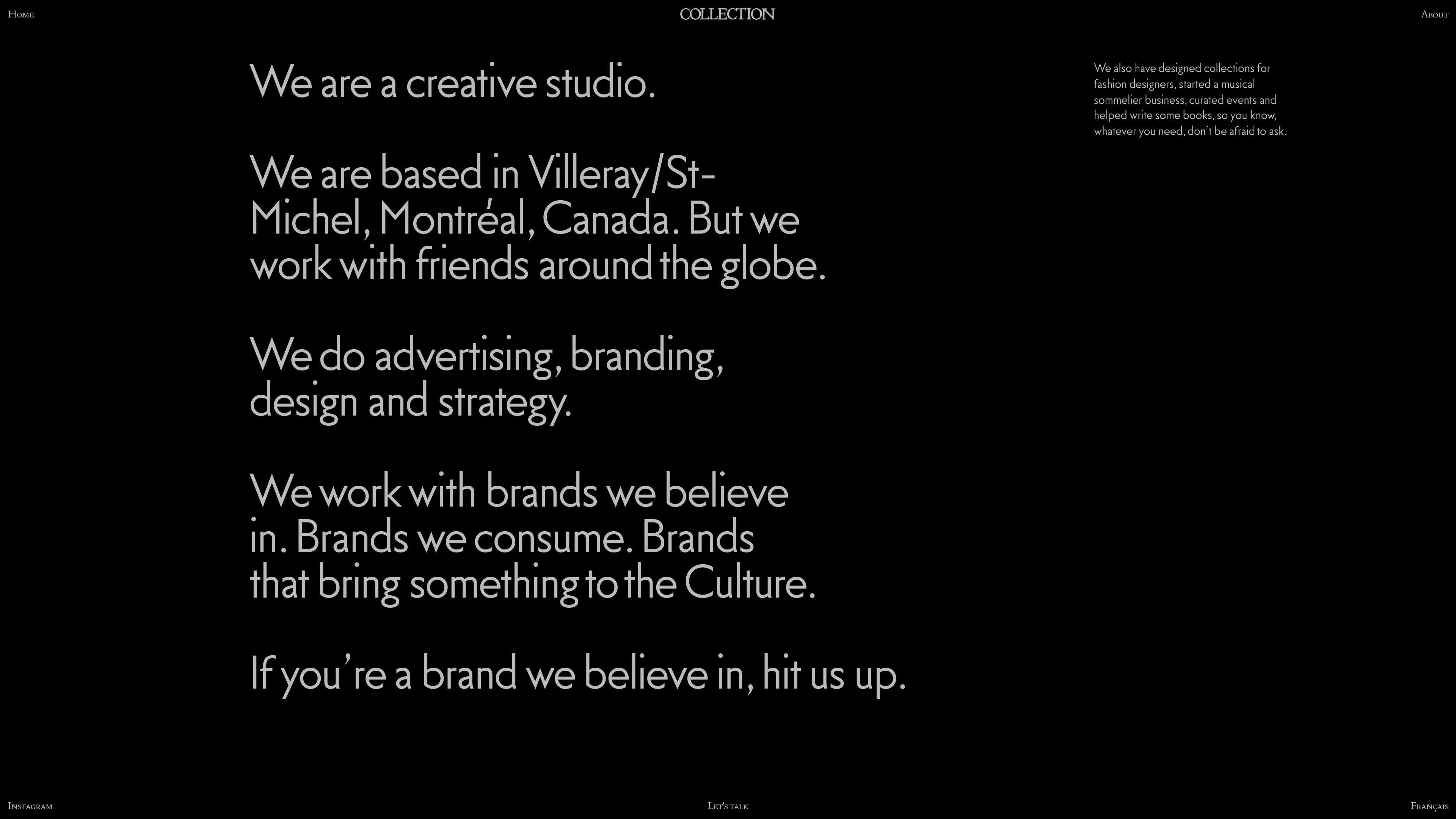 Full page screenshot of the Collection website. We do advertising, branding, design and strategy. We work with brands we believe …
