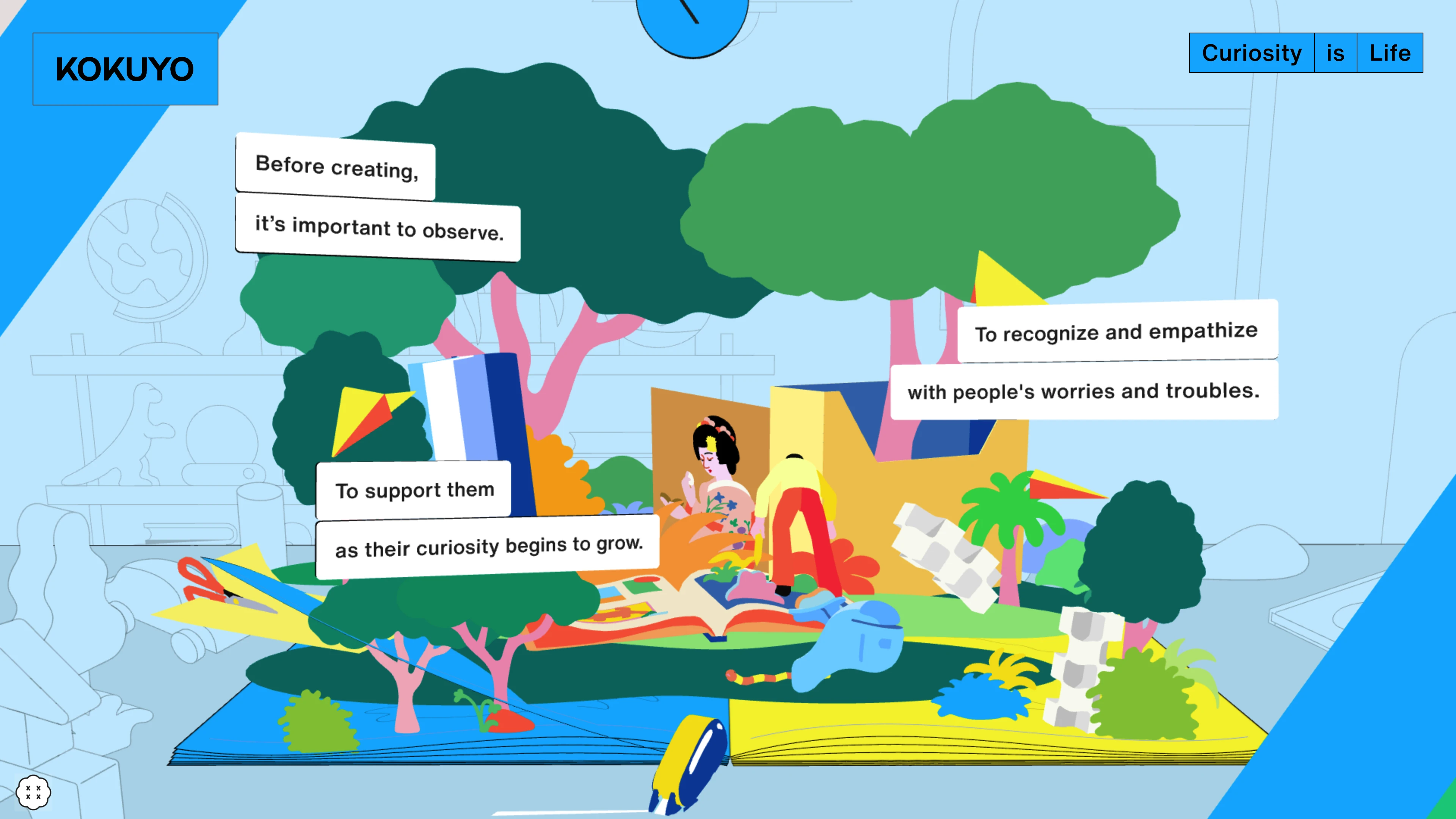 Full page screenshot of the Curiosity is Life website. It is our focus, and our contribution to the world. A message from KOKUYO …