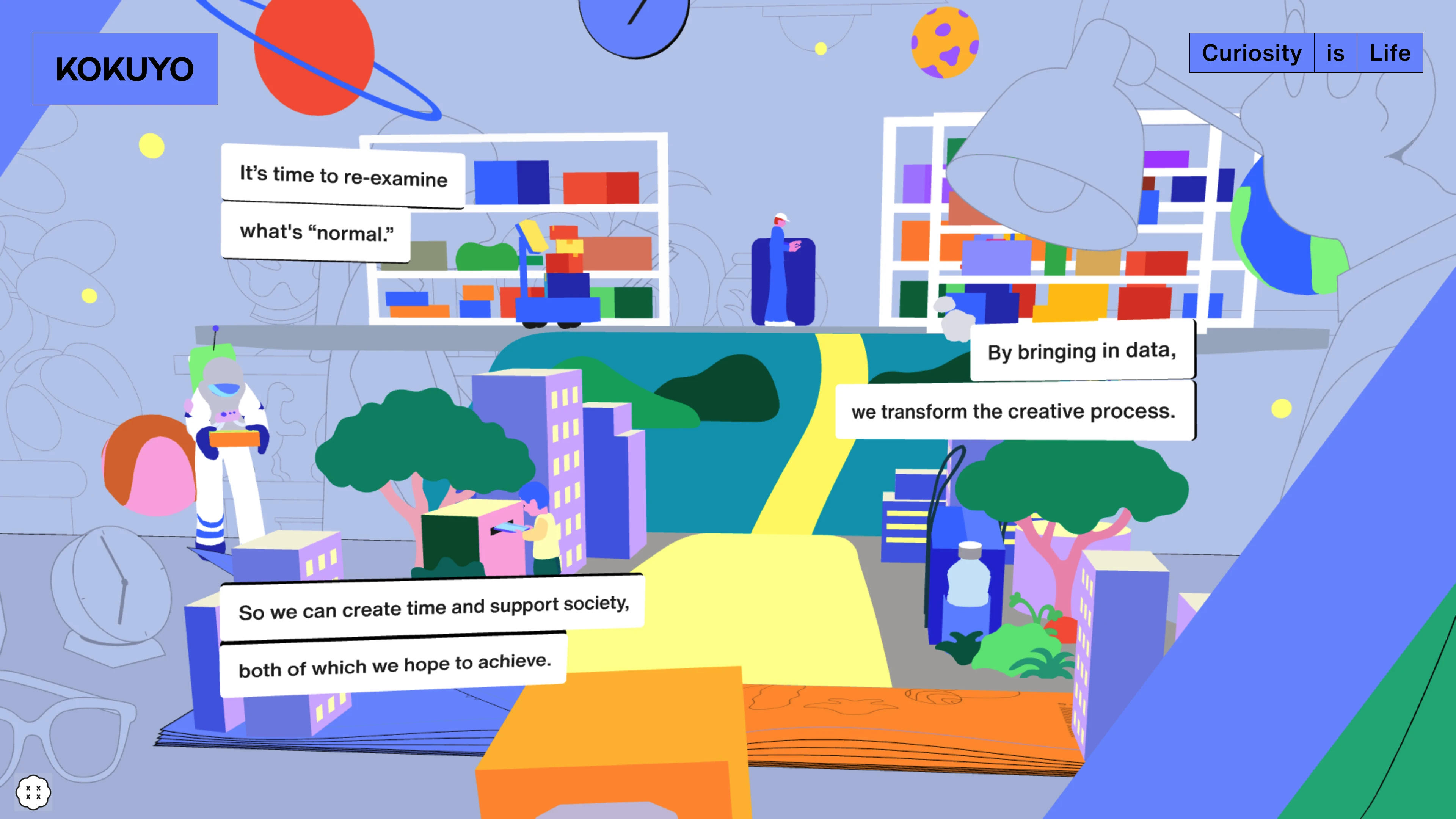 Full page screenshot of the Curiosity is Life website. It is our focus, and our contribution to the world. A message from KOKUYO …