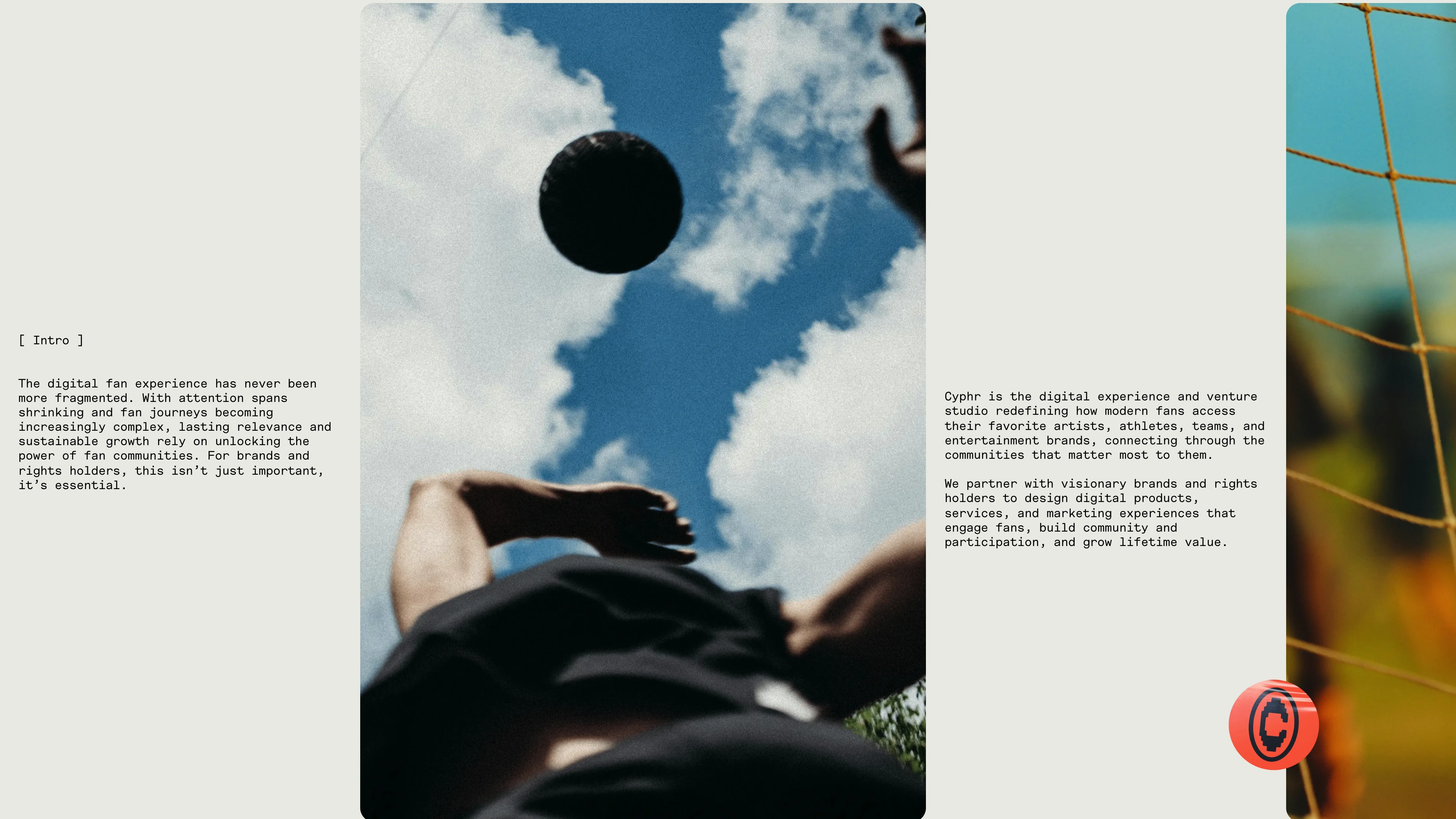Full page screenshot of the Cyphr Studio website. Cyphr is a digital experience and venture studio redefining how modern fans …