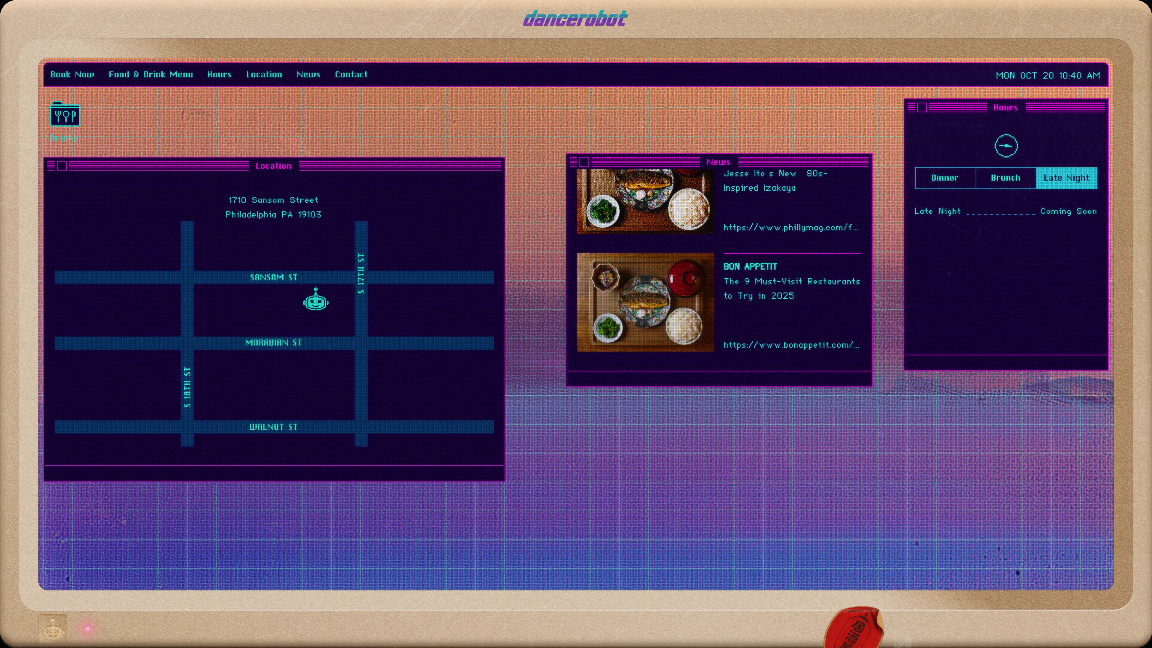 Full page screenshot of the dancerobot website. Neon-lit ’80s Japanese izakaya in Rittenhouse Square by chefs Jesse Ito & Justin …