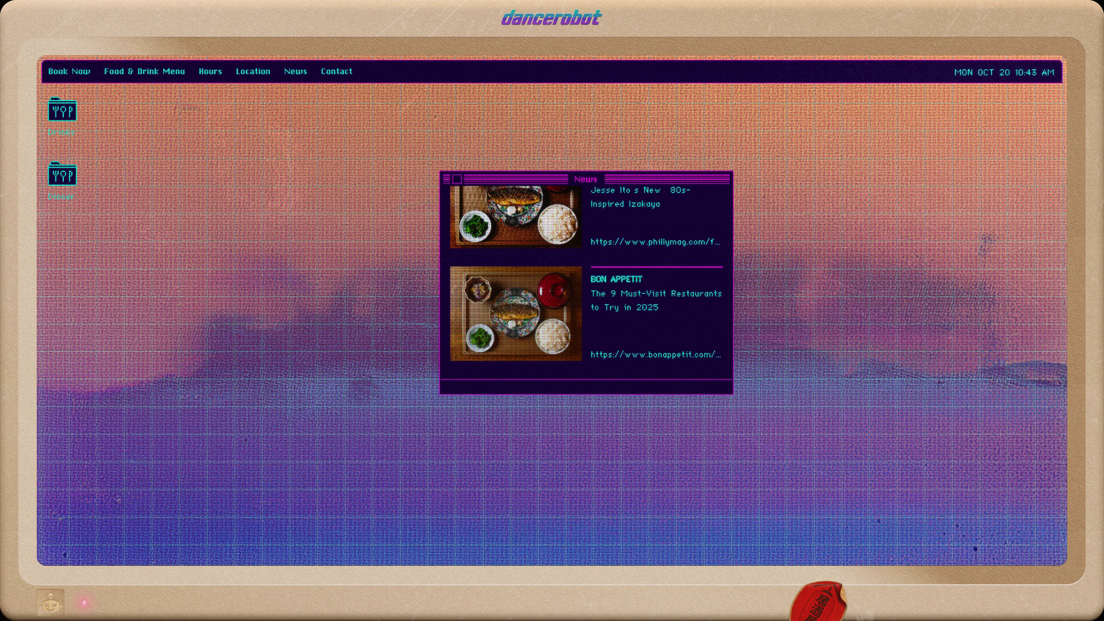 Full page screenshot of the dancerobot website. Neon-lit ’80s Japanese izakaya in Rittenhouse Square by chefs Jesse Ito & Justin …