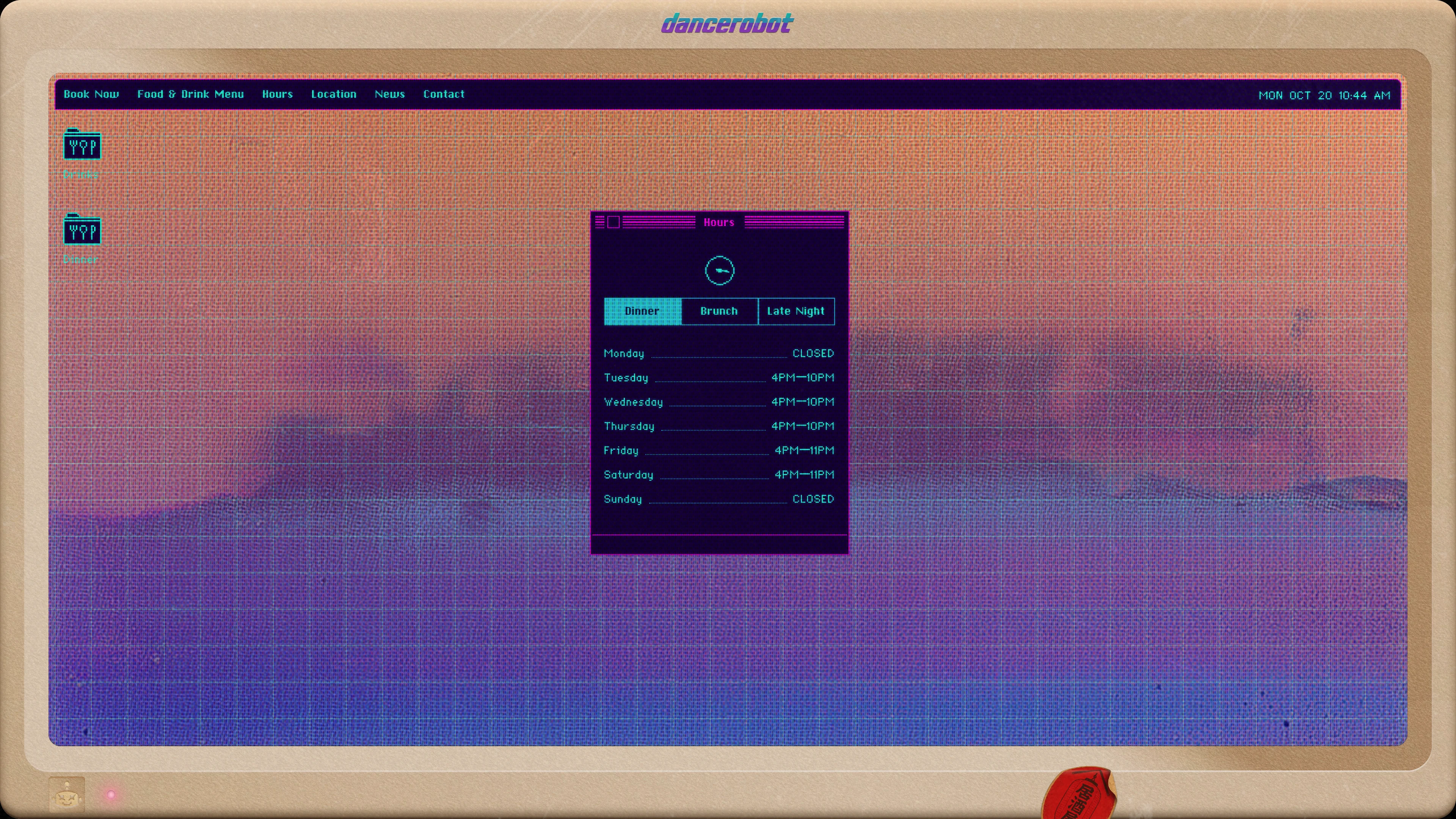 Full page screenshot of the dancerobot website. Neon-lit ’80s Japanese izakaya in Rittenhouse Square by chefs Jesse Ito & Justin …