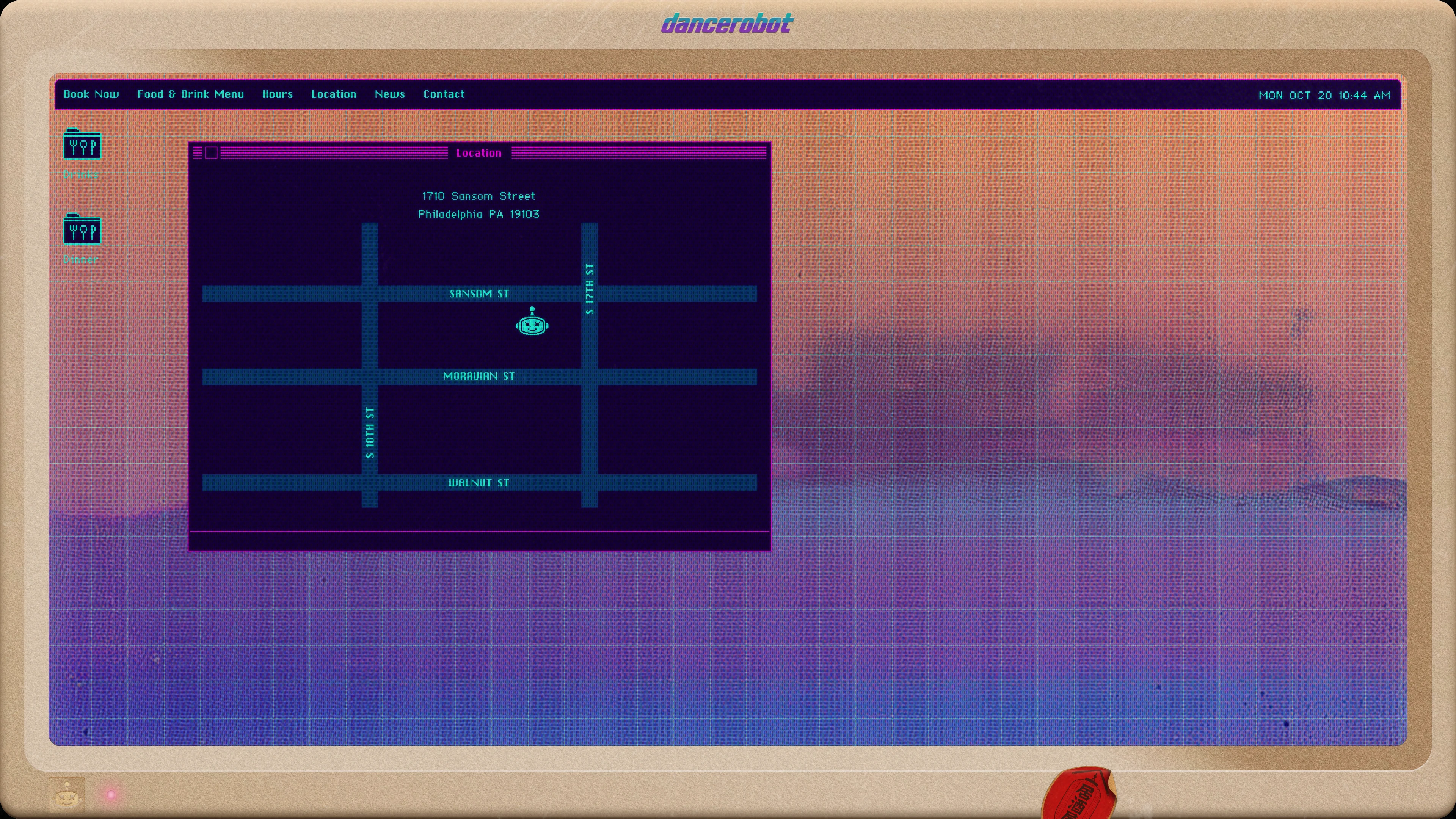 Full page screenshot of the dancerobot website. Neon-lit ’80s Japanese izakaya in Rittenhouse Square by chefs Jesse Ito & Justin …