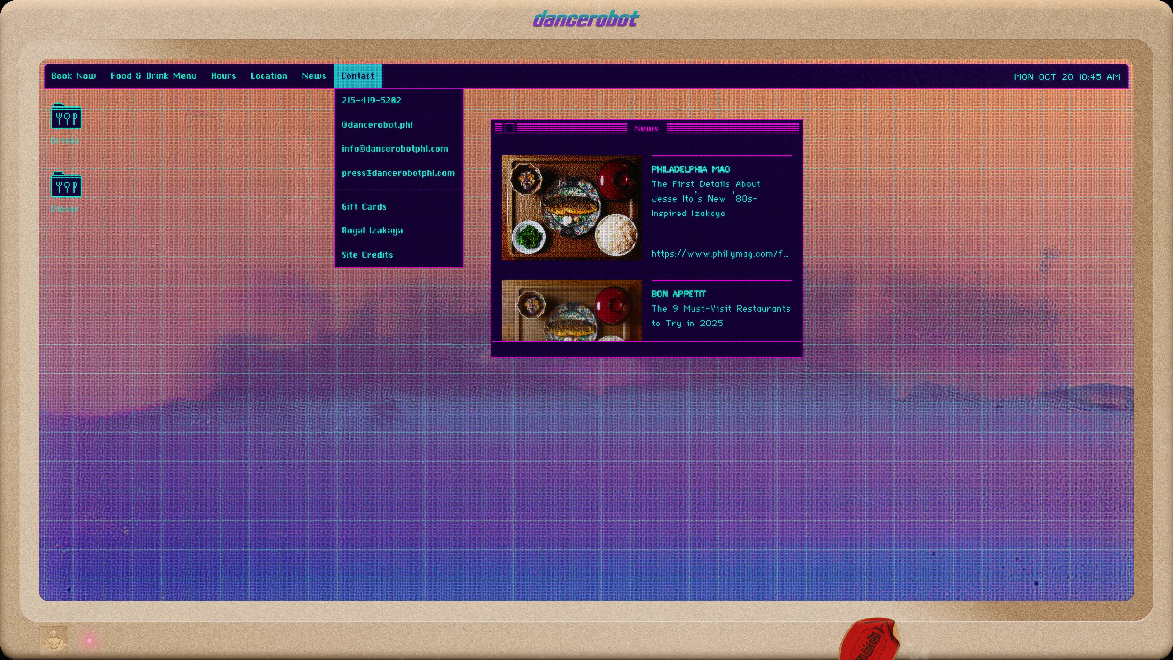 Full page screenshot of the dancerobot website. Neon-lit ’80s Japanese izakaya in Rittenhouse Square by chefs Jesse Ito & Justin …