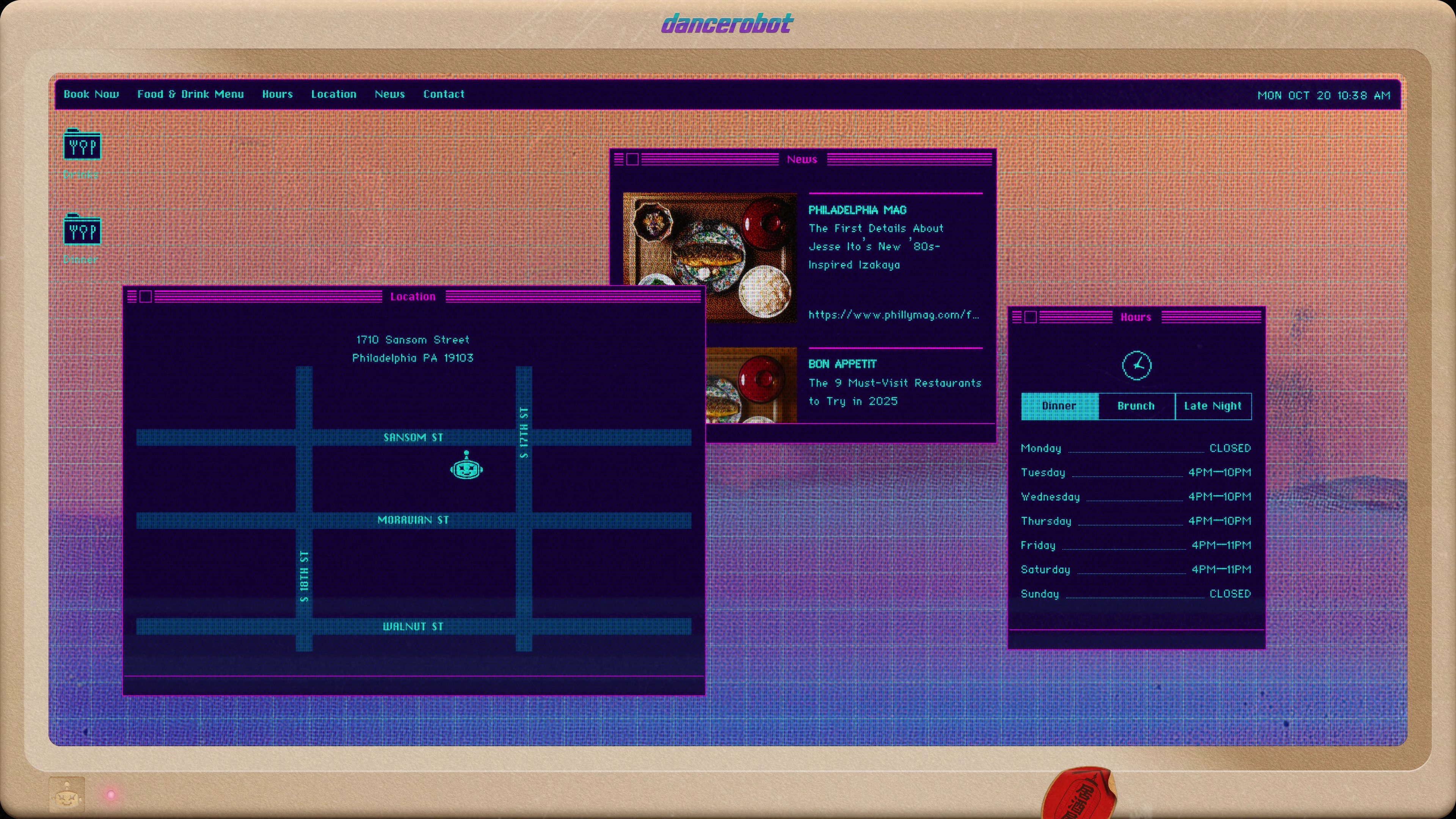 Full page screenshot of the dancerobot website. Neon-lit ’80s Japanese izakaya in Rittenhouse Square by chefs Jesse Ito & Justin …