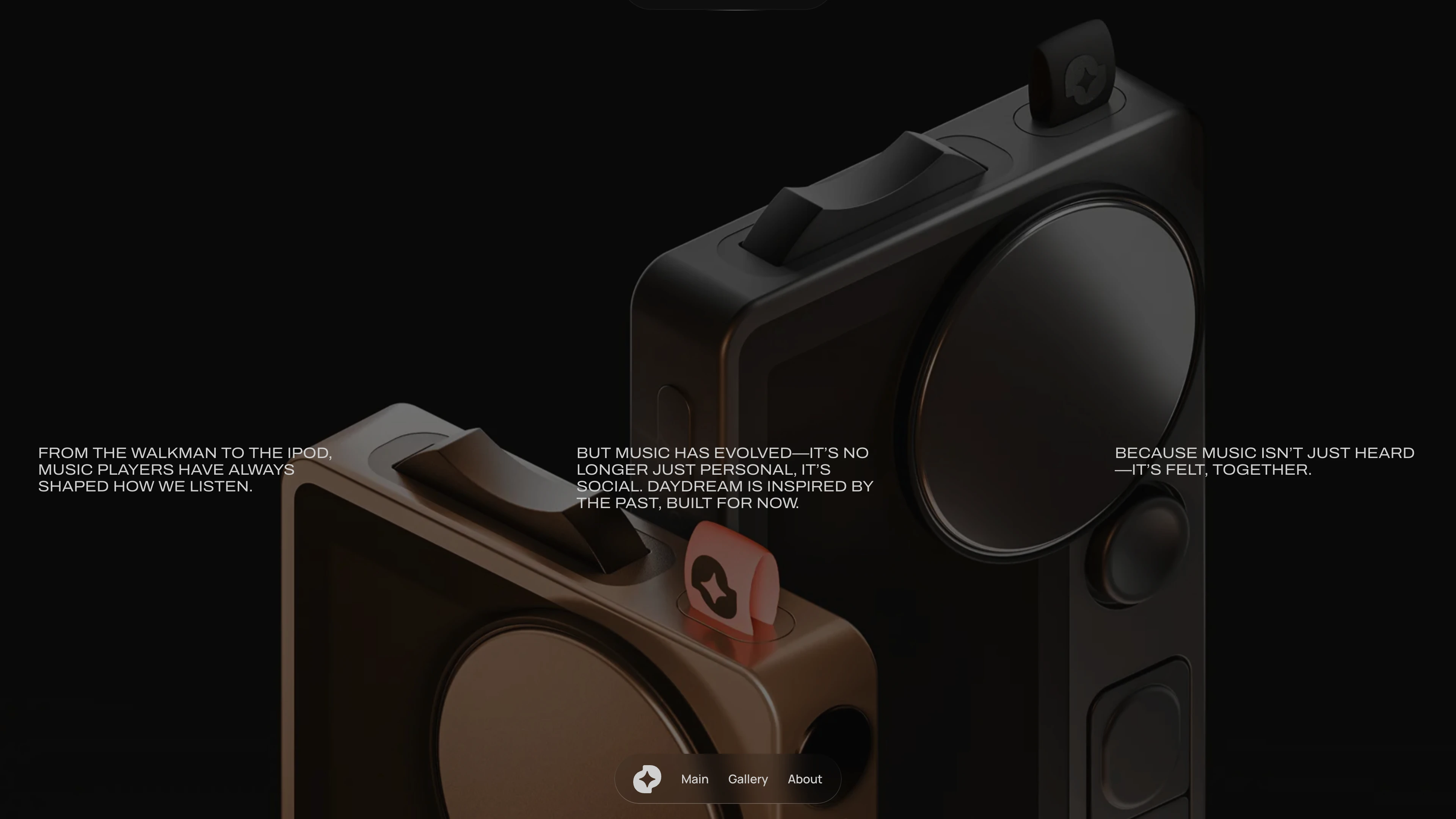 Full page screenshot of the DAYDREAM website. A music player built for the now. Seamless, social, and made to move with you. …