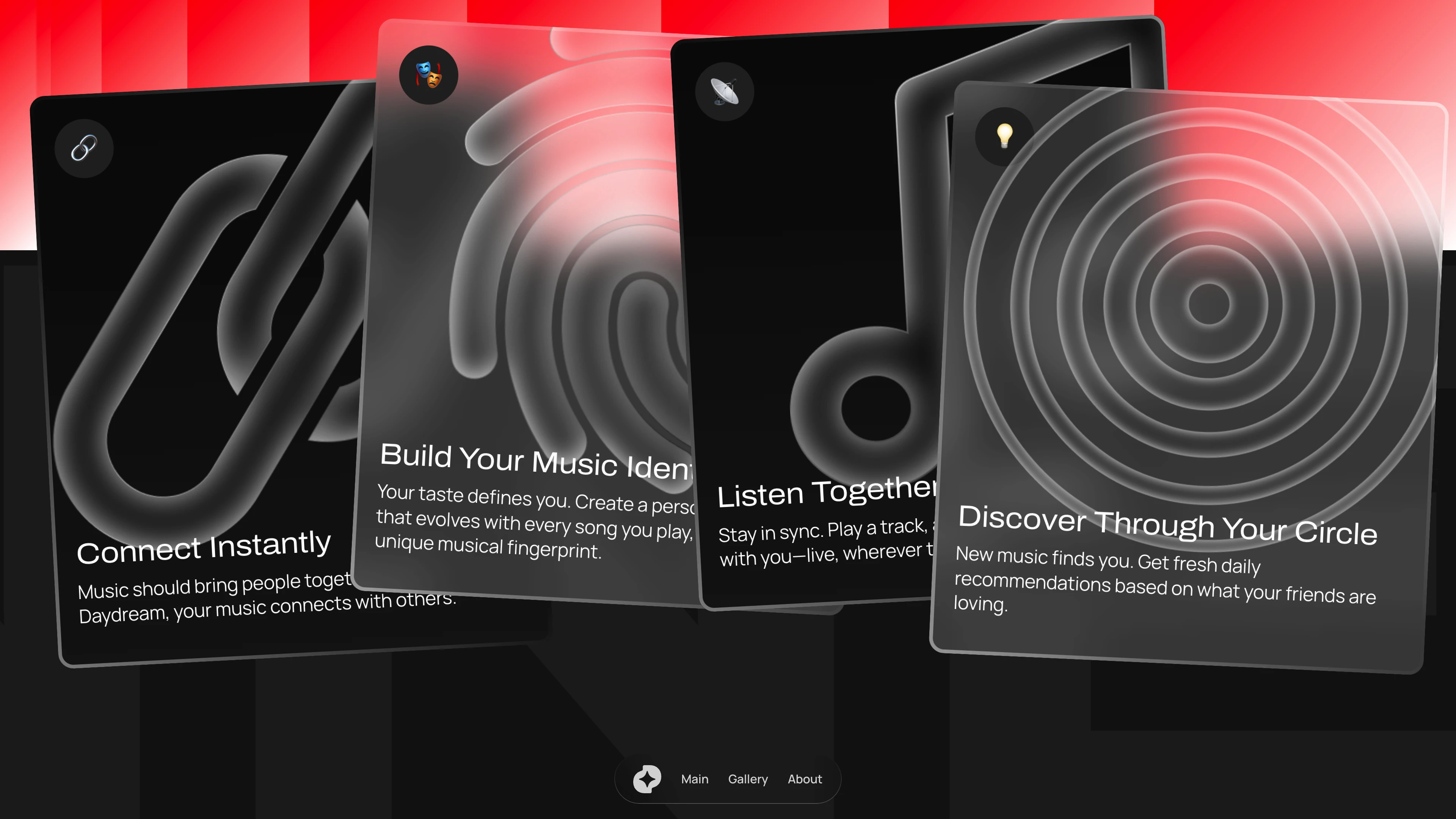 Full page screenshot of the DAYDREAM website. A music player built for the now. Seamless, social, and made to move with you. …