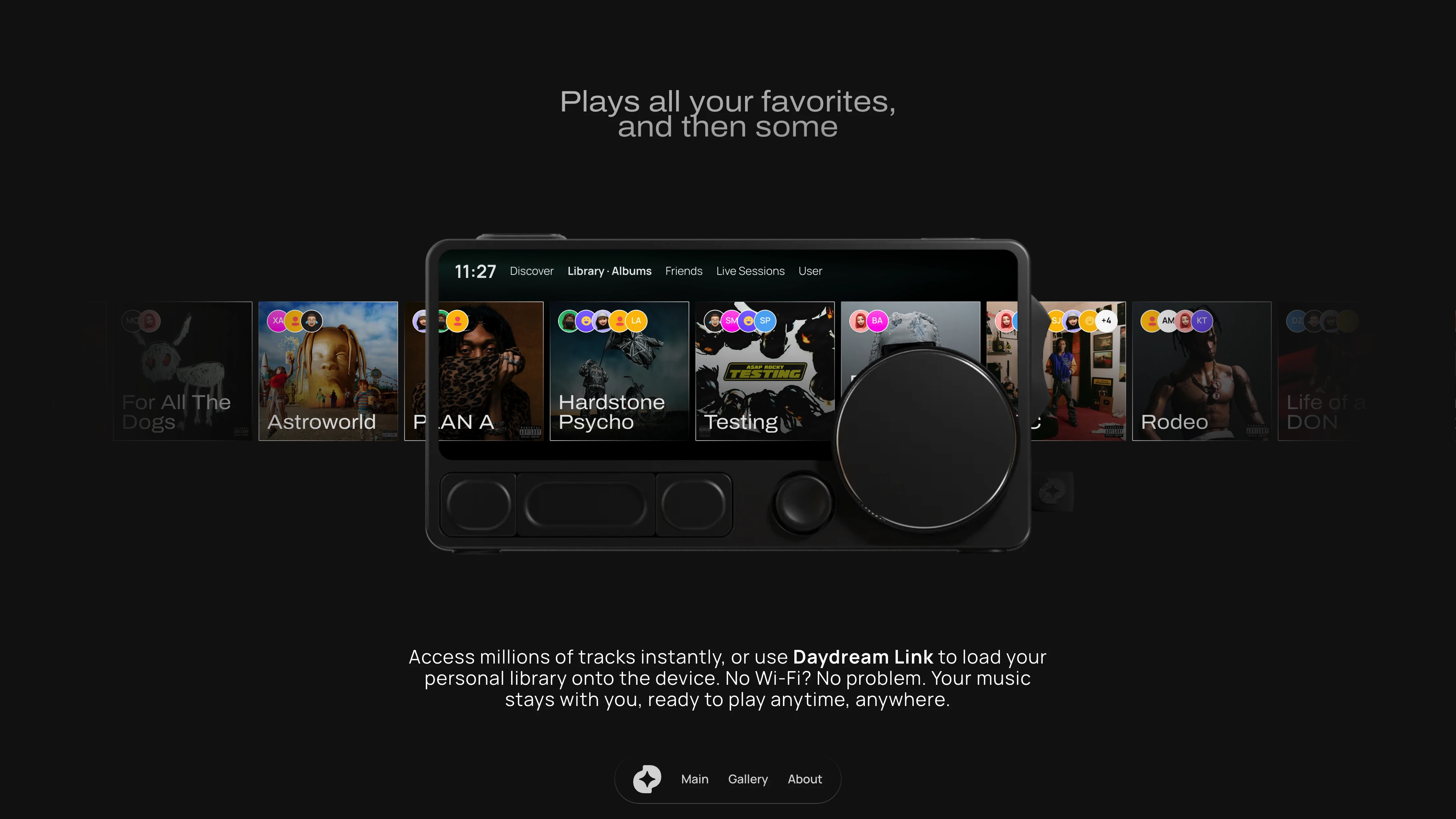 Full page screenshot of the DAYDREAM website. A music player built for the now. Seamless, social, and made to move with you. …