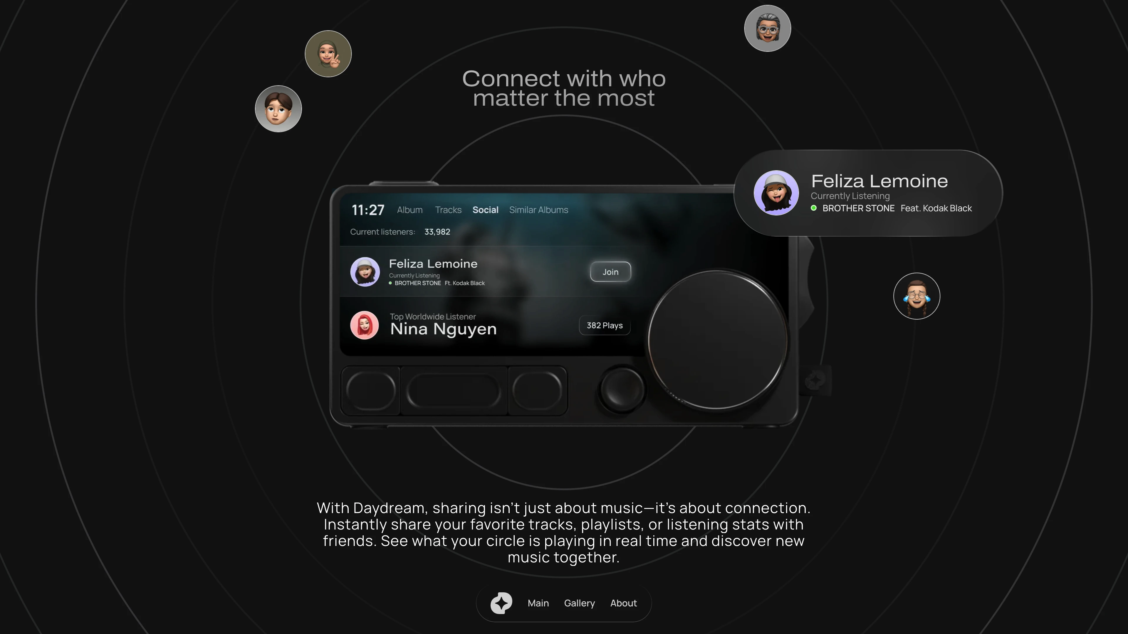 Full page screenshot of the DAYDREAM website. A music player built for the now. Seamless, social, and made to move with you. …