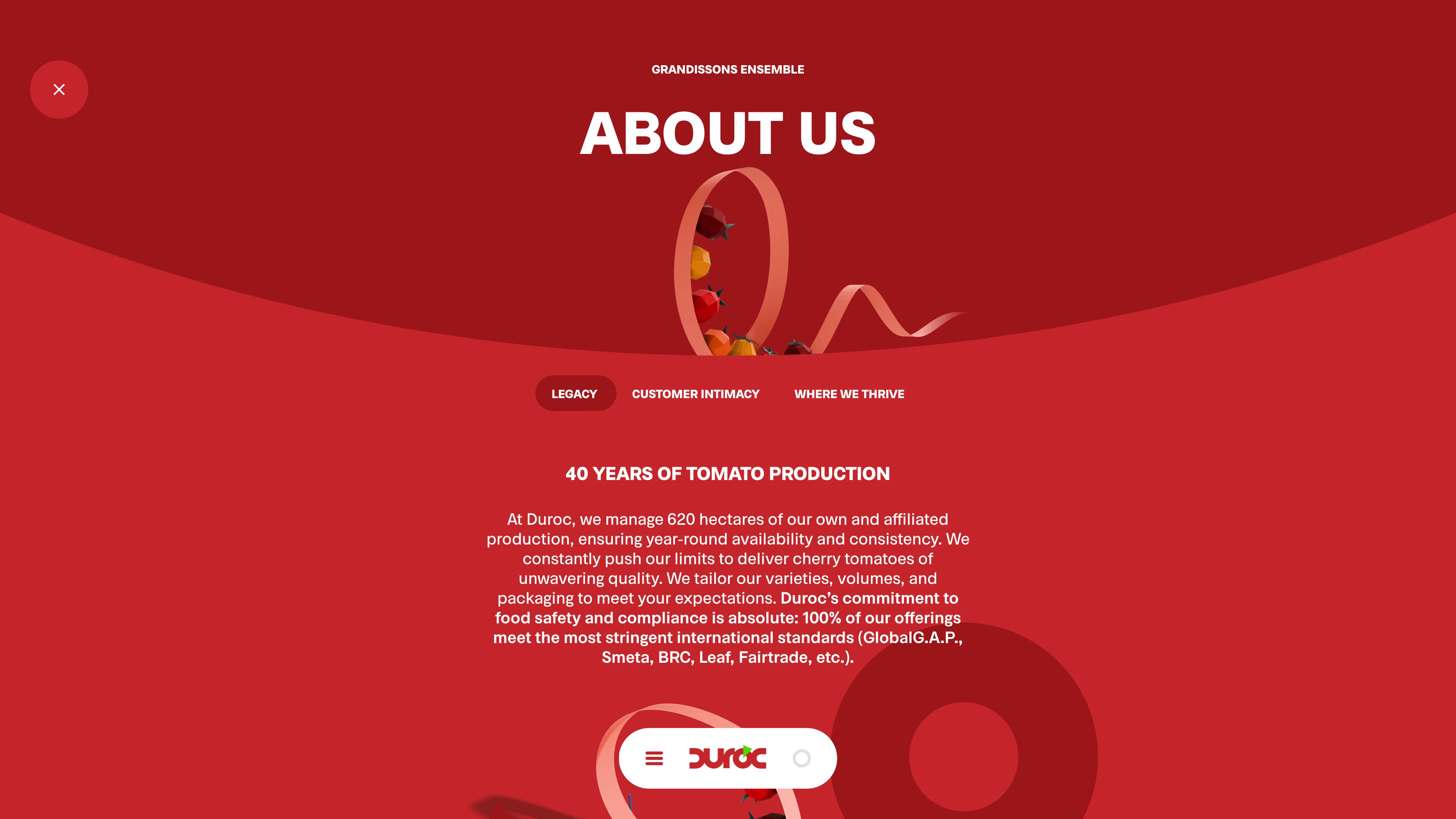 Full page screenshot of the Duroc website. The cherry picked tomatoes since 1989. At Duroc, we manage 620 hectares of our …