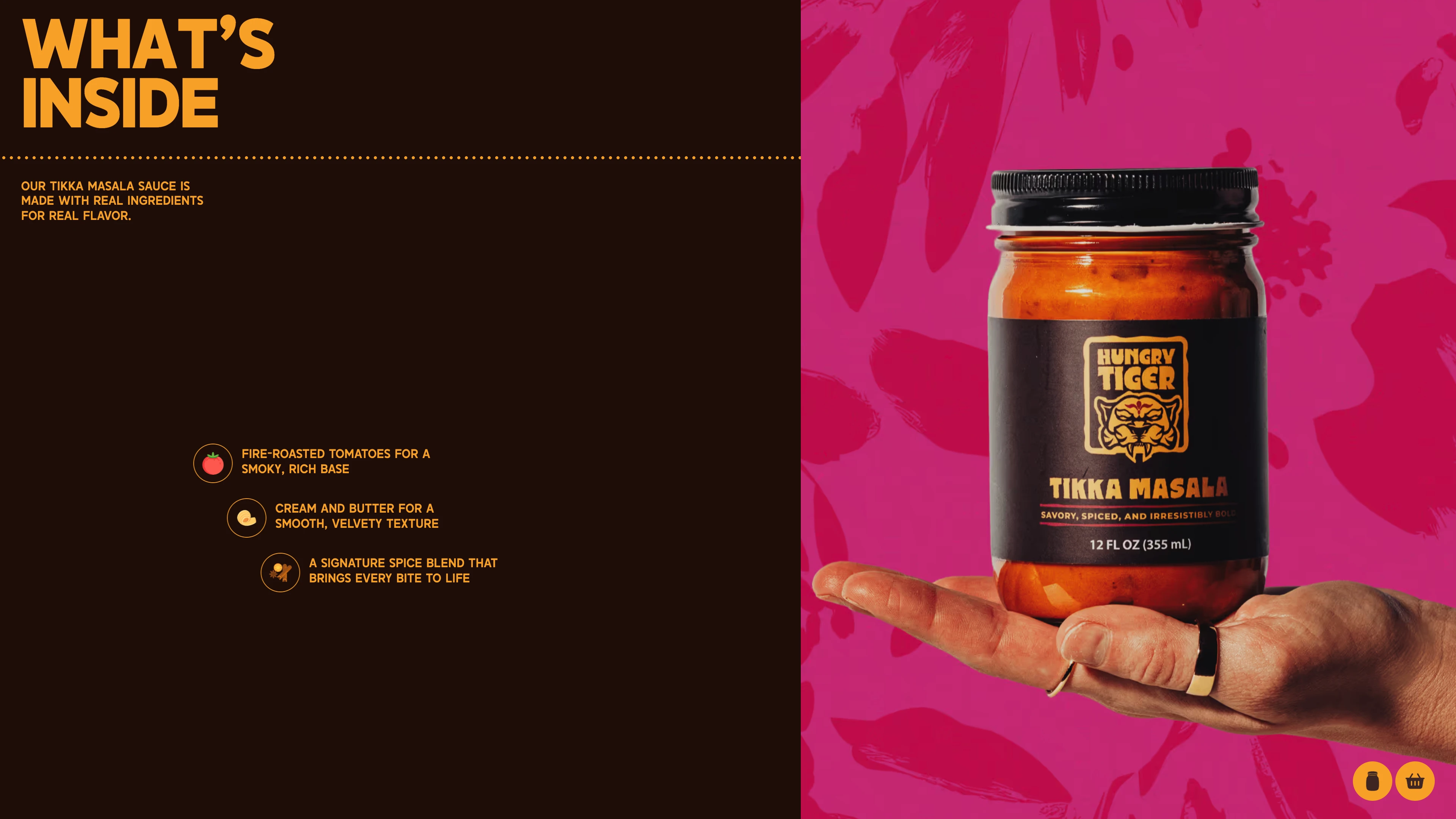 Full page screenshot of the Hungry Tiger website. Bold Indian-inspired sauces made for real life. No shortcuts, no fillers — just …