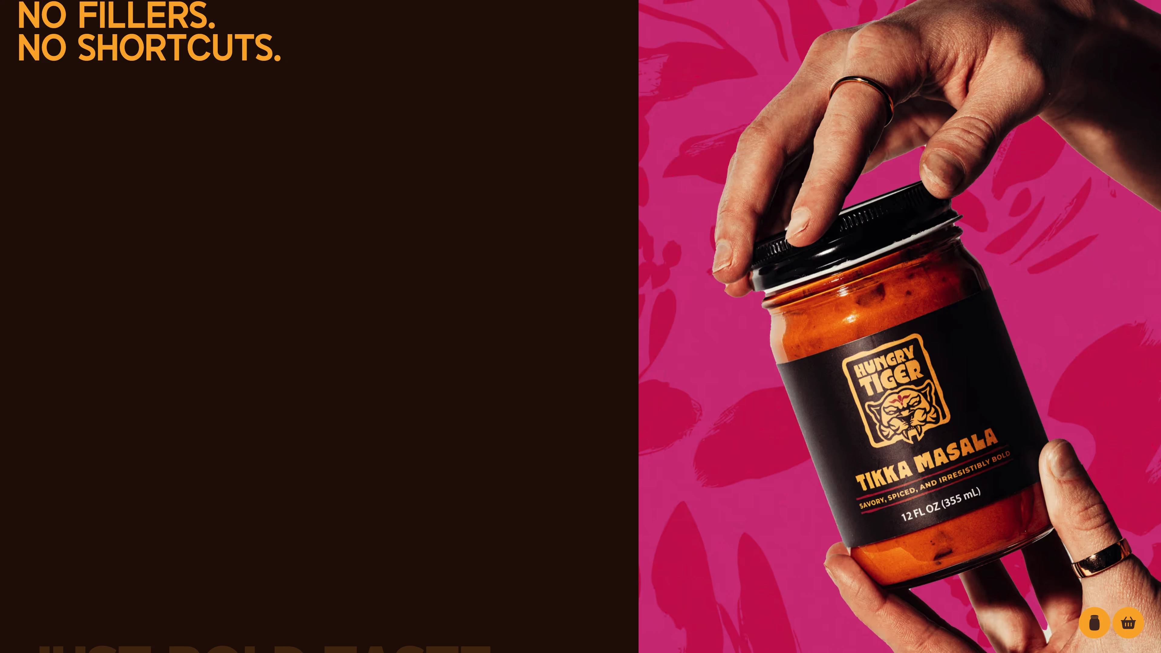 Full page screenshot of the Hungry Tiger website. Bold Indian-inspired sauces made for real life. No shortcuts, no fillers — just …