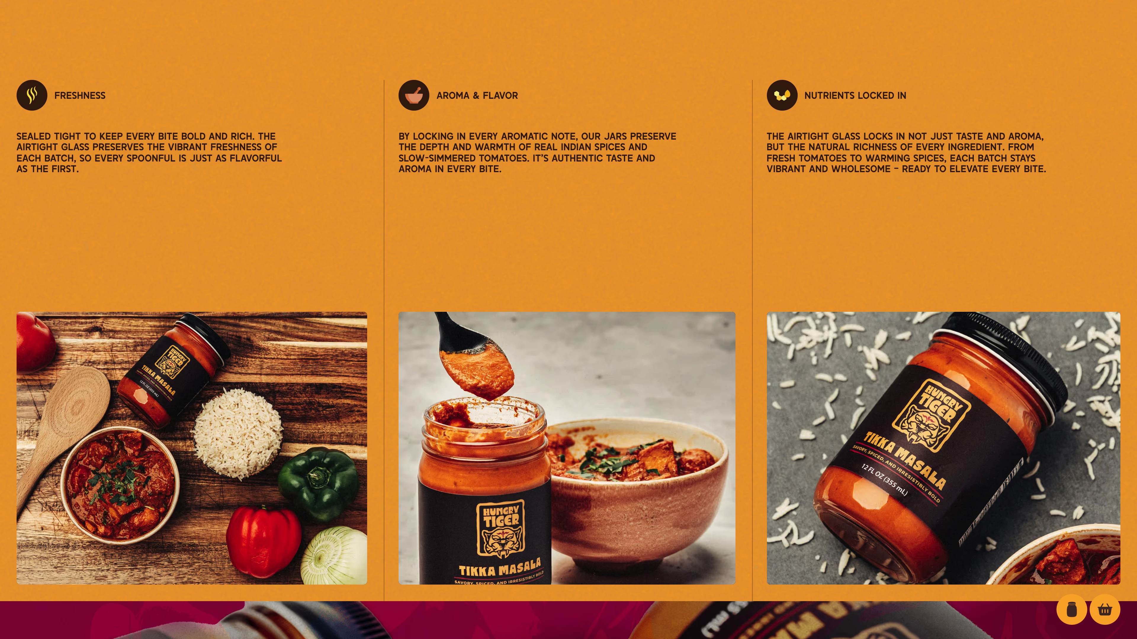 Full page screenshot of the Hungry Tiger website. Bold Indian-inspired sauces made for real life. No shortcuts, no fillers — just …