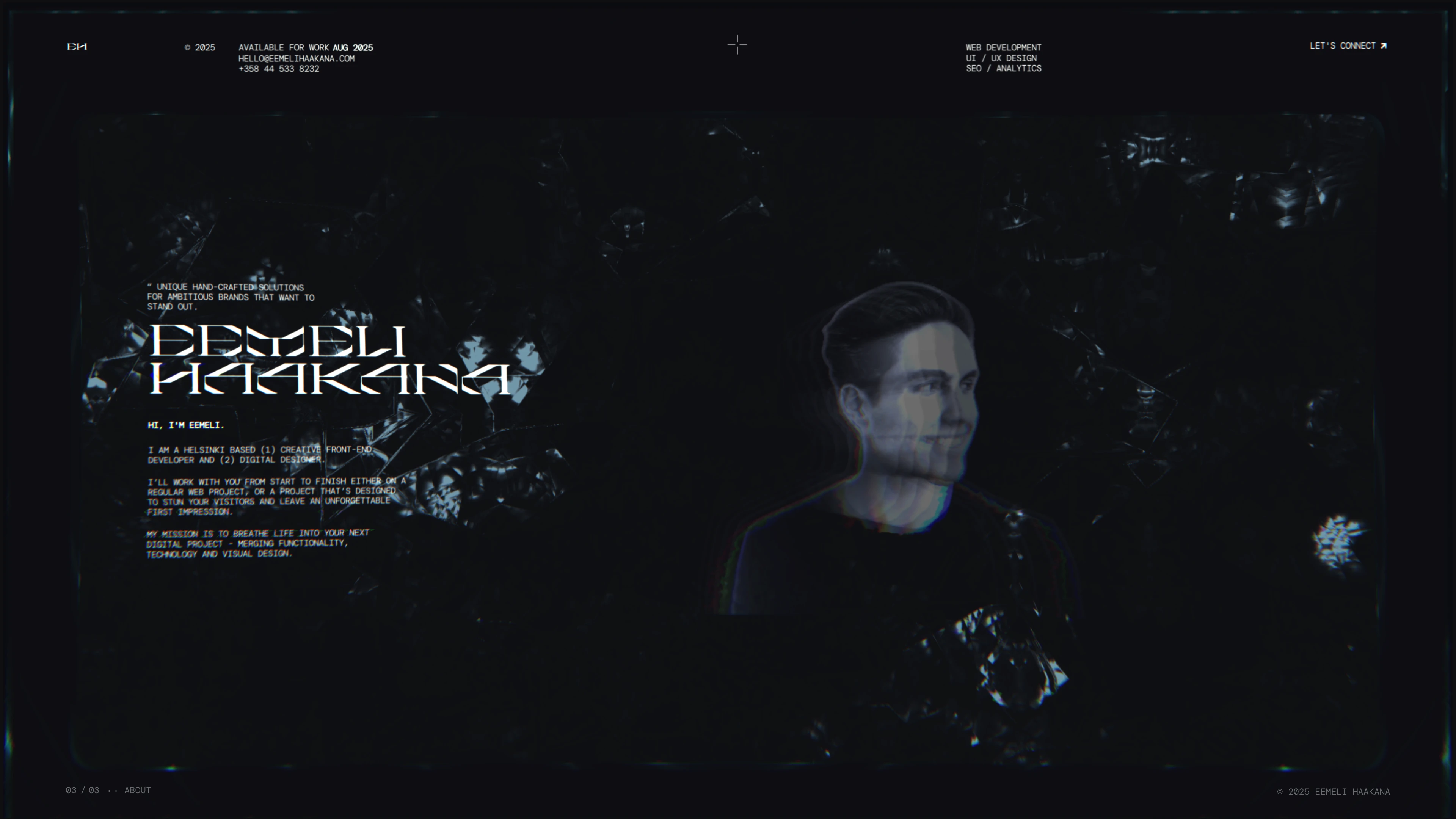 Full page screenshot of the Eemeli Haakana website. Creative developer leveraging cutting-edge technology and design expertise to …