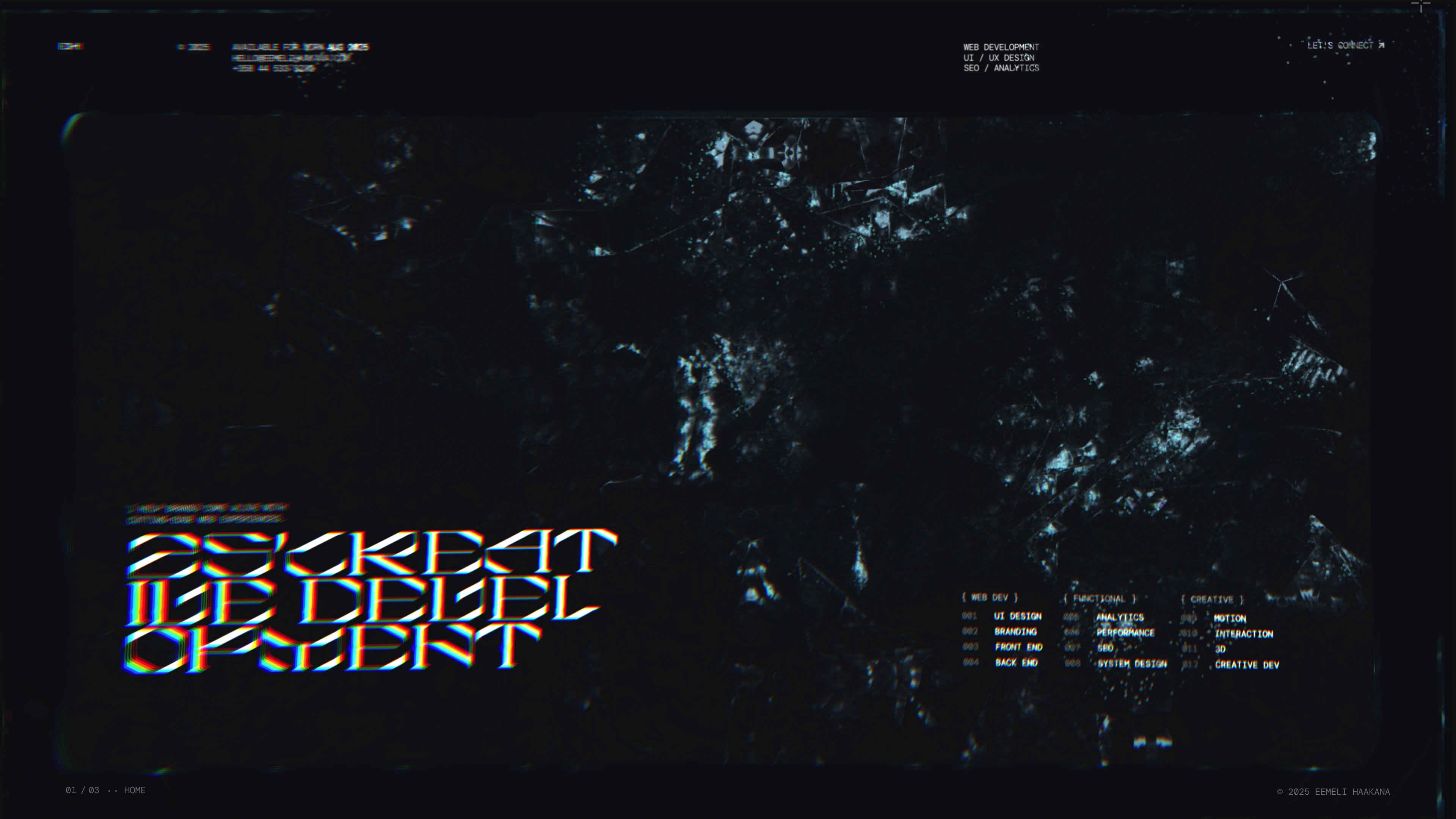 Full page screenshot of the Eemeli Haakana website. Creative developer leveraging cutting-edge technology and design expertise to …