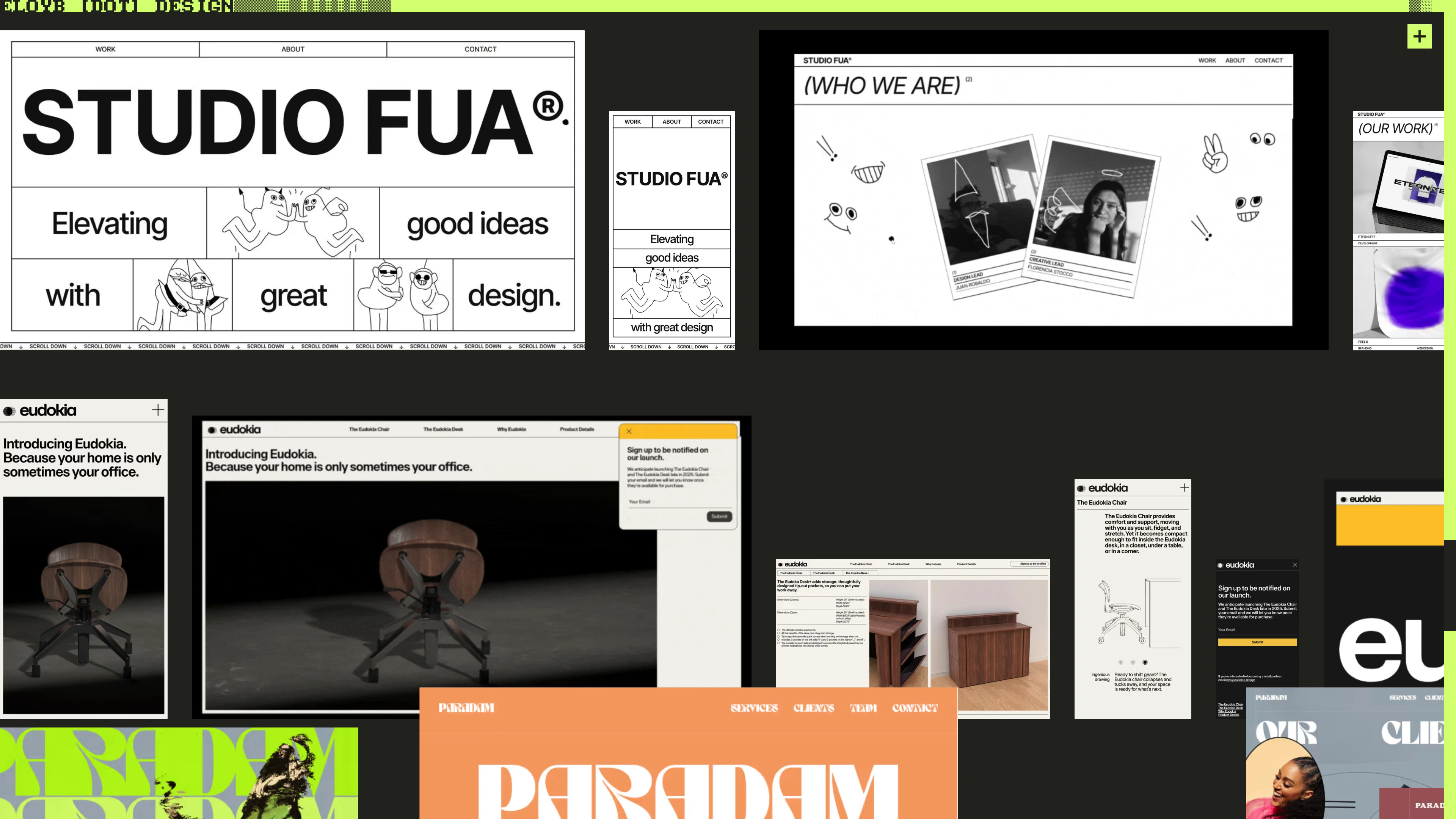 Full page screenshot of the eloyb.design website. Freelance UI Designer, Webflow Developer & Glitch Artist crafting experimental …