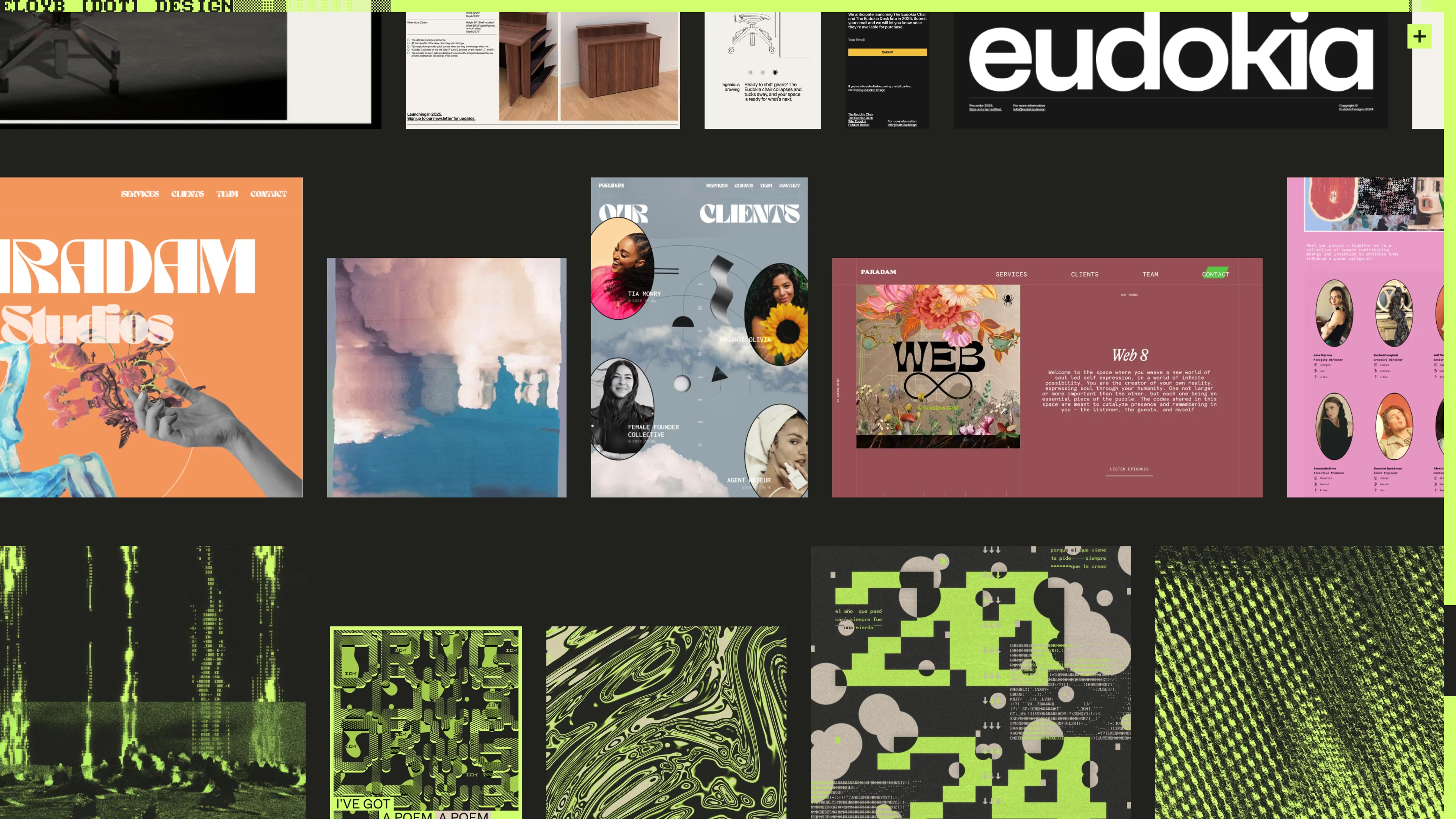 Full page screenshot of the eloyb.design website. Freelance UI Designer, Webflow Developer & Glitch Artist crafting experimental …