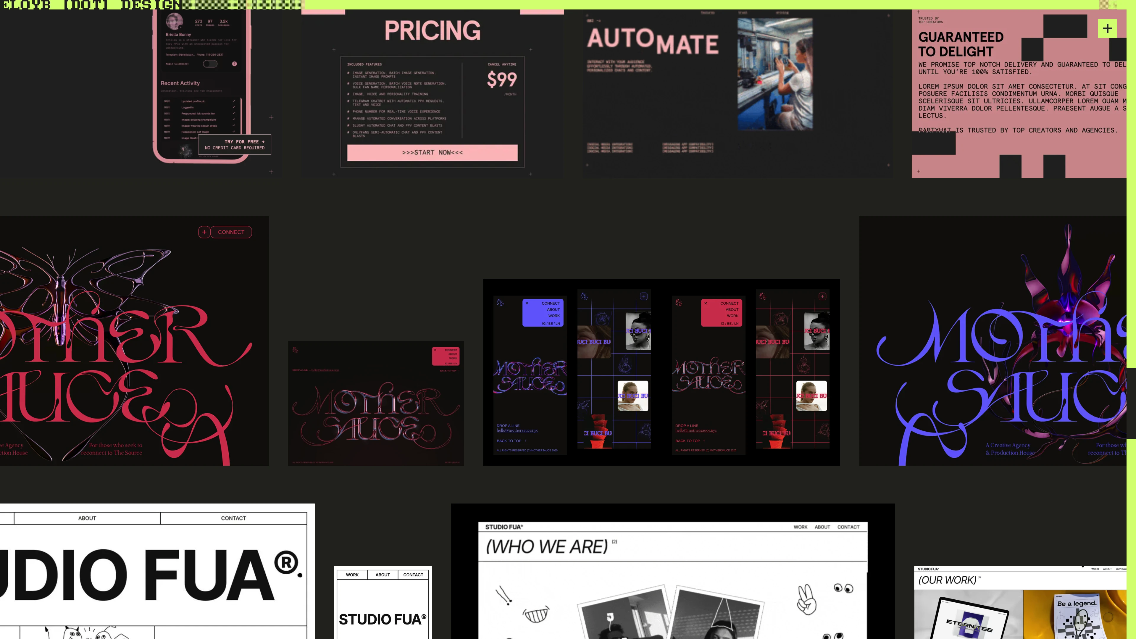 Full page screenshot of the eloyb.design website. Freelance UI Designer, Webflow Developer & Glitch Artist crafting experimental …