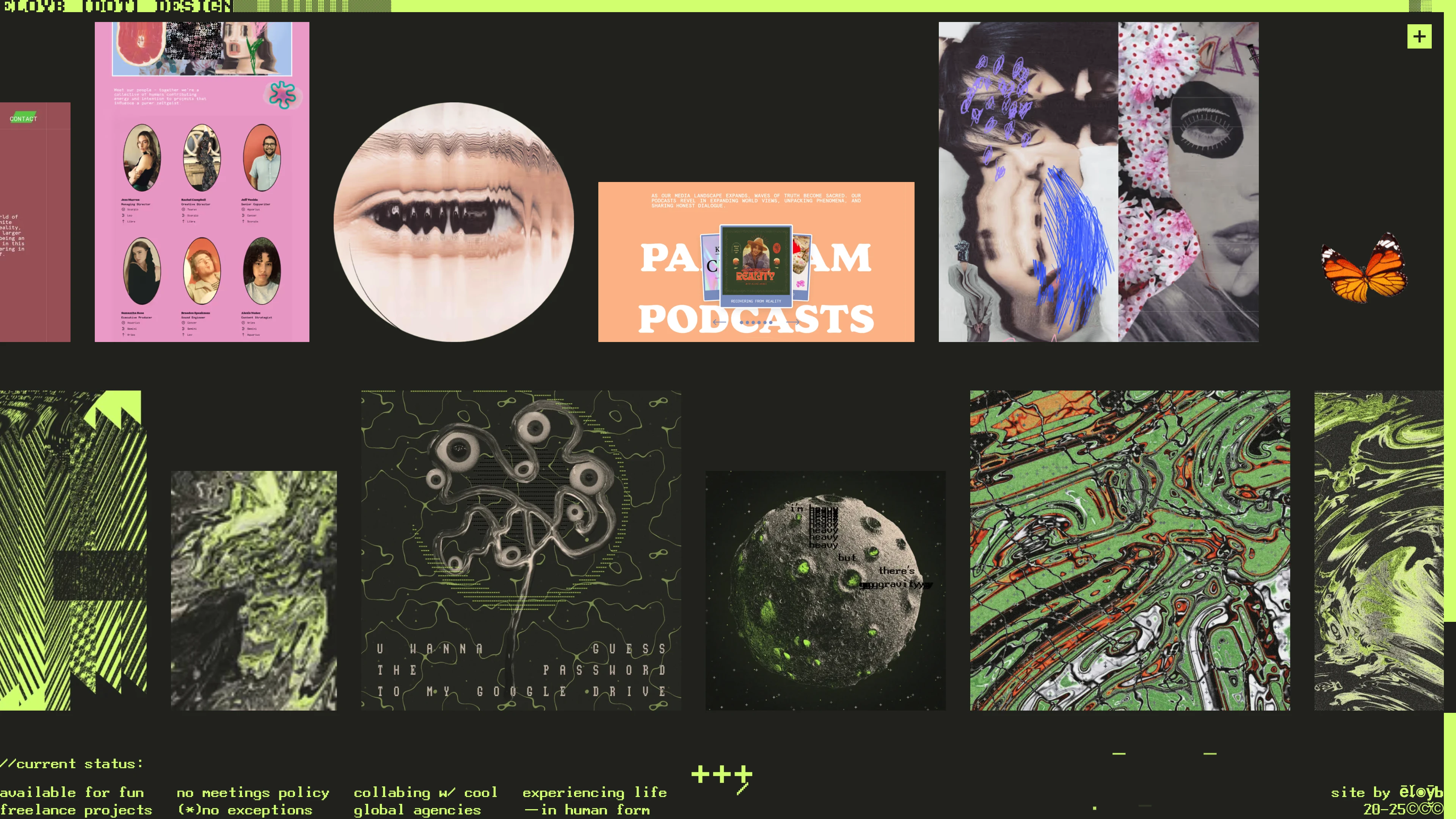 Full page screenshot of the eloyb.design website. Freelance UI Designer, Webflow Developer & Glitch Artist crafting experimental …