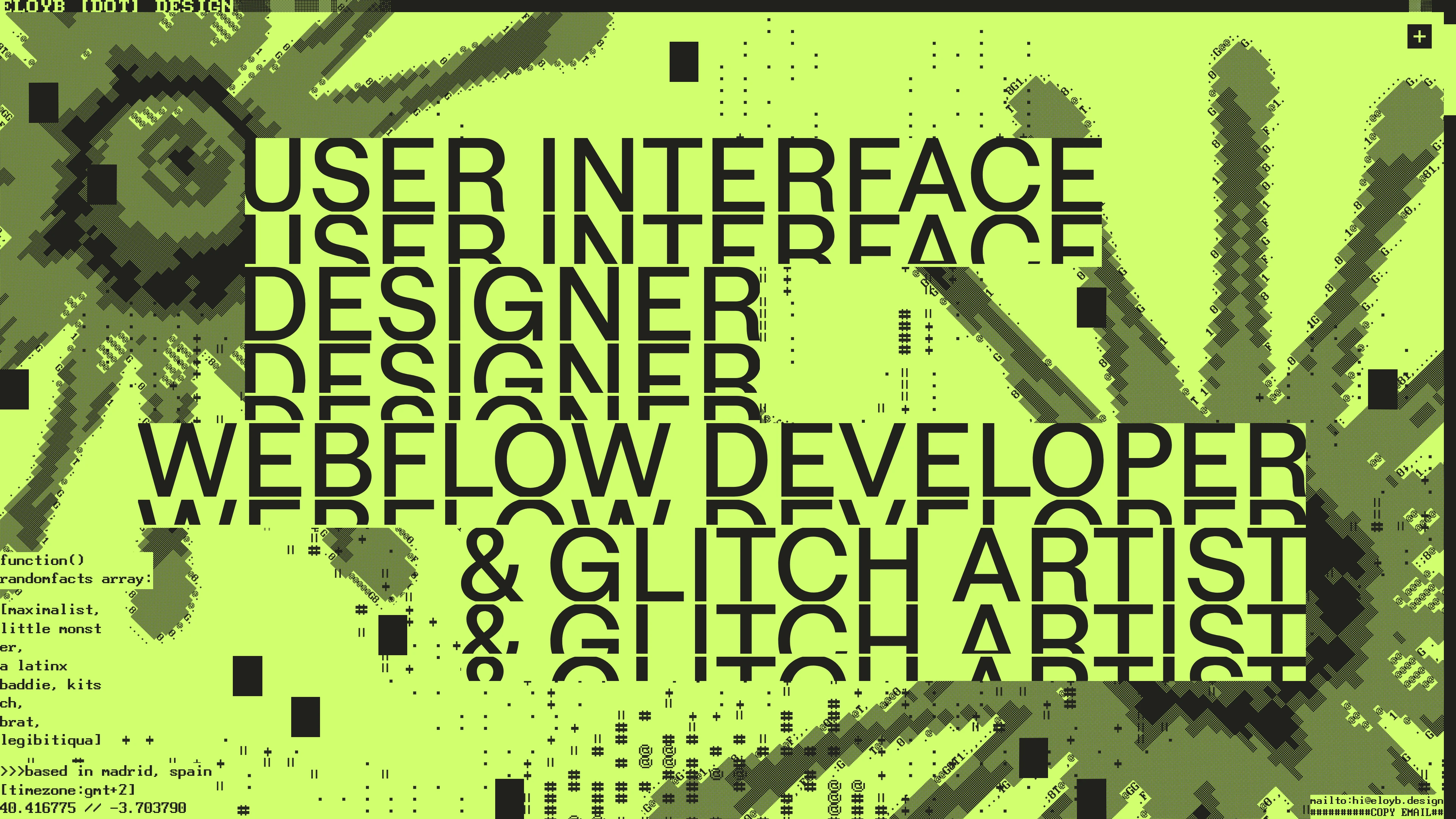 Full page screenshot of the eloyb.design website. Freelance UI Designer, Webflow Developer & Glitch Artist crafting experimental …