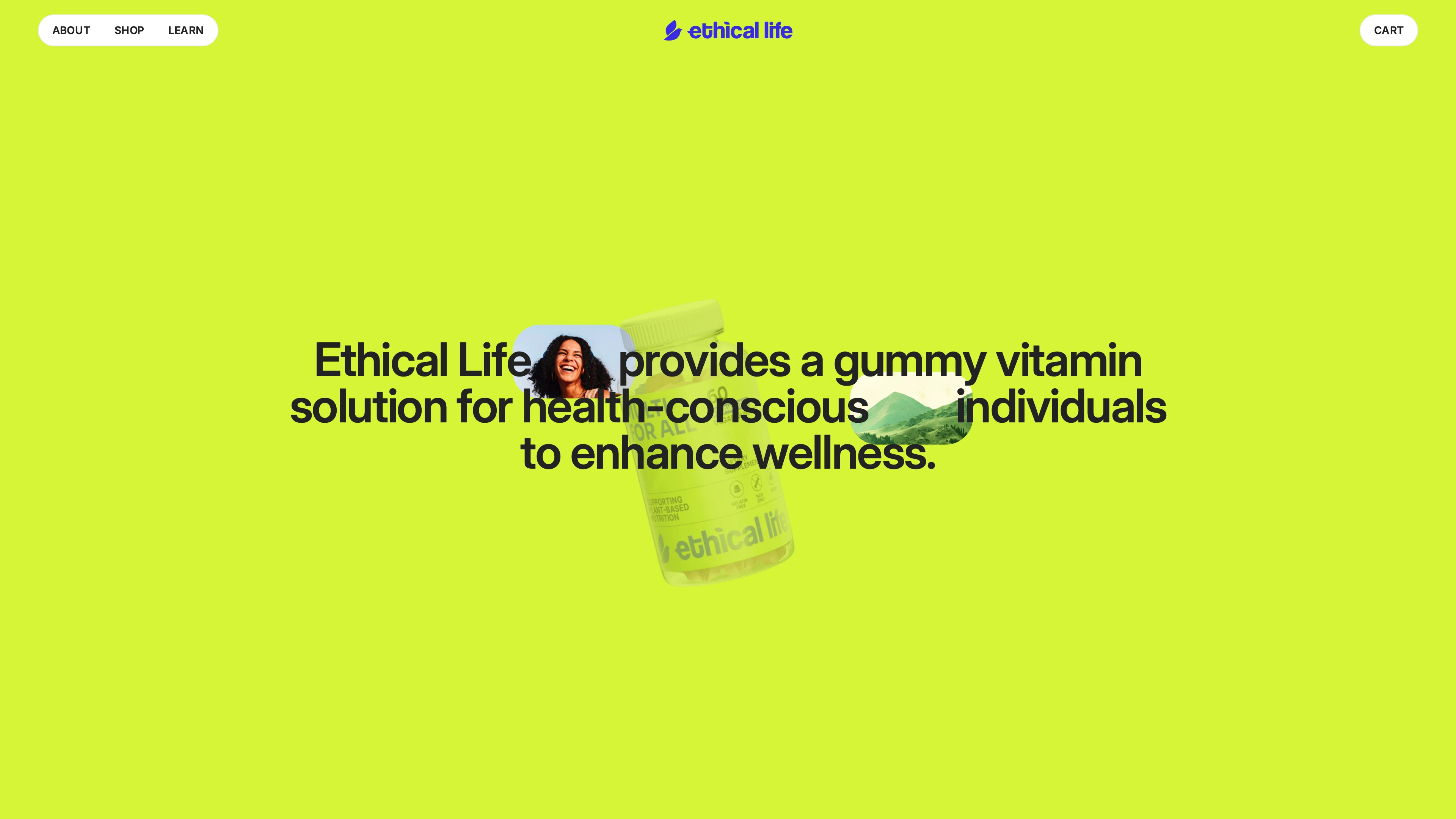 Full page screenshot of the Ethical Life website. Ethical Life provides a gummy vitamin solution for health-conscious individuals …