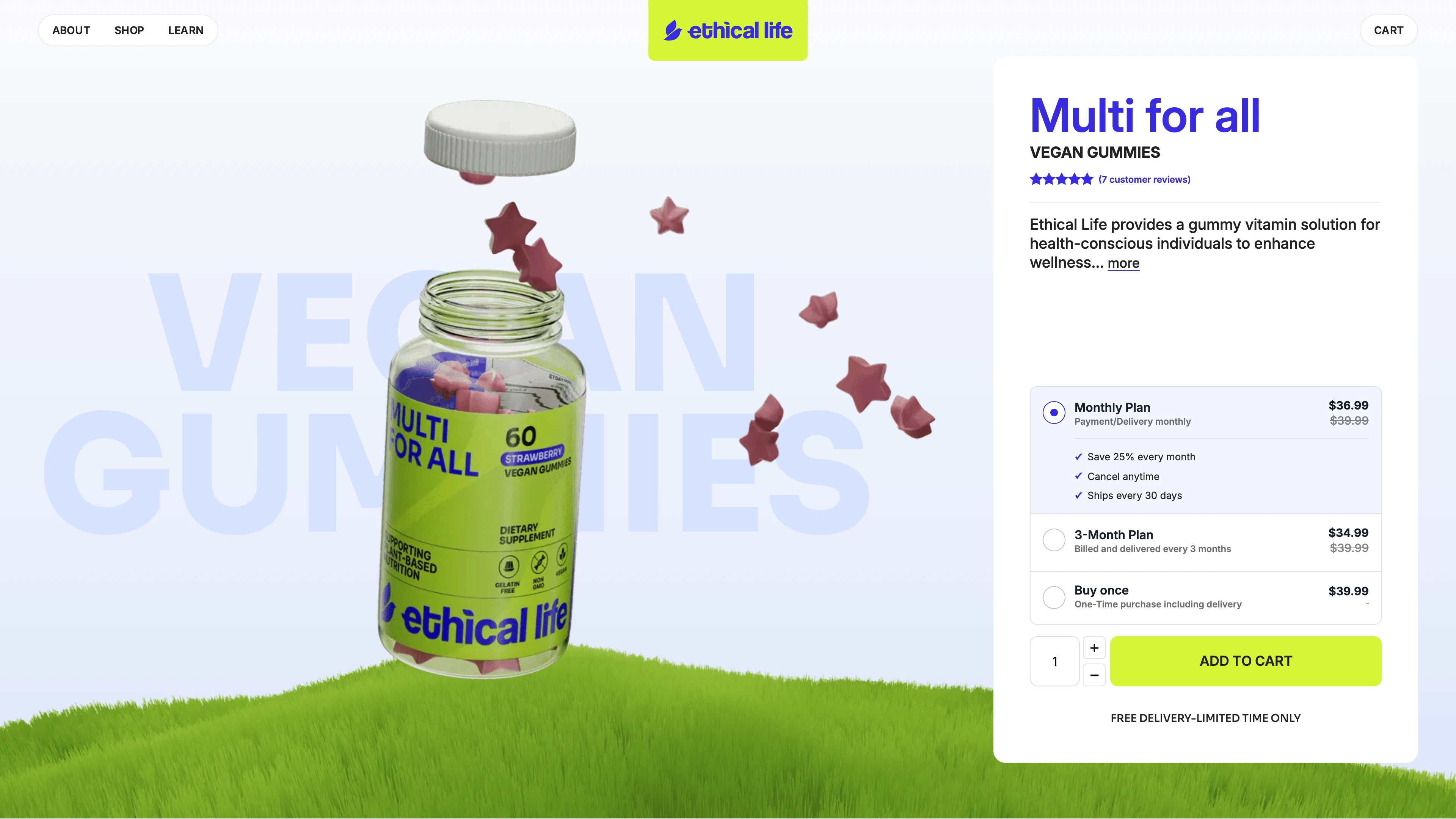 Full page screenshot of the Ethical Life website. Ethical Life provides a gummy vitamin solution for health-conscious individuals …