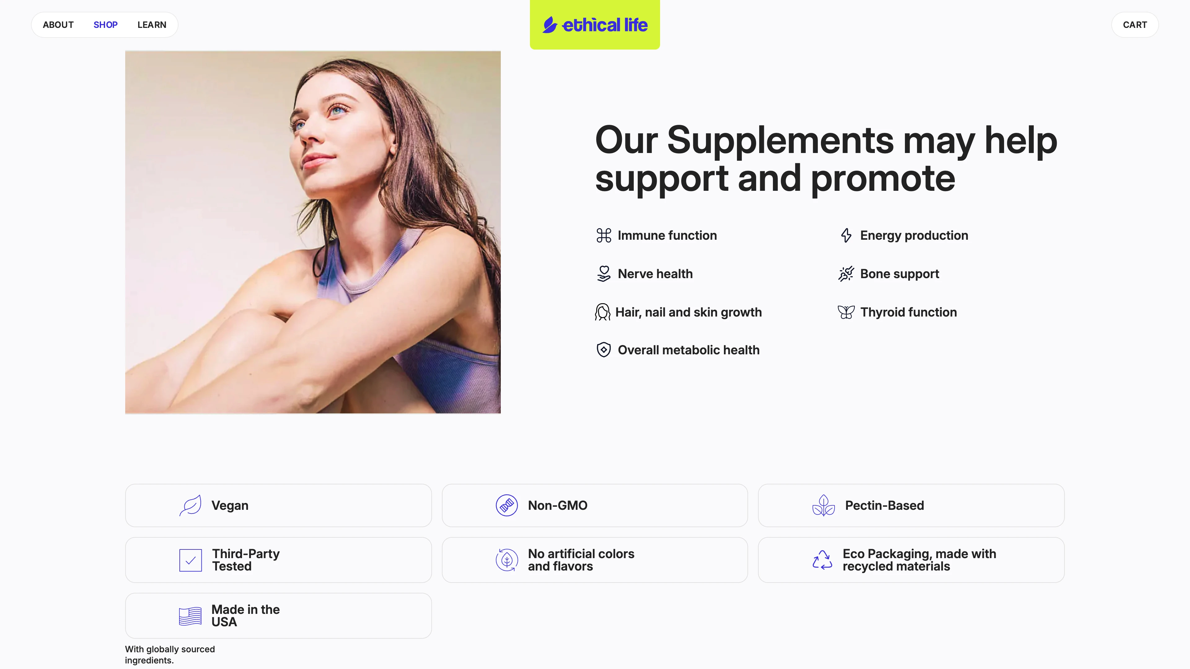 Full page screenshot of the Ethical Life website. Ethical Life provides a gummy vitamin solution for health-conscious individuals …