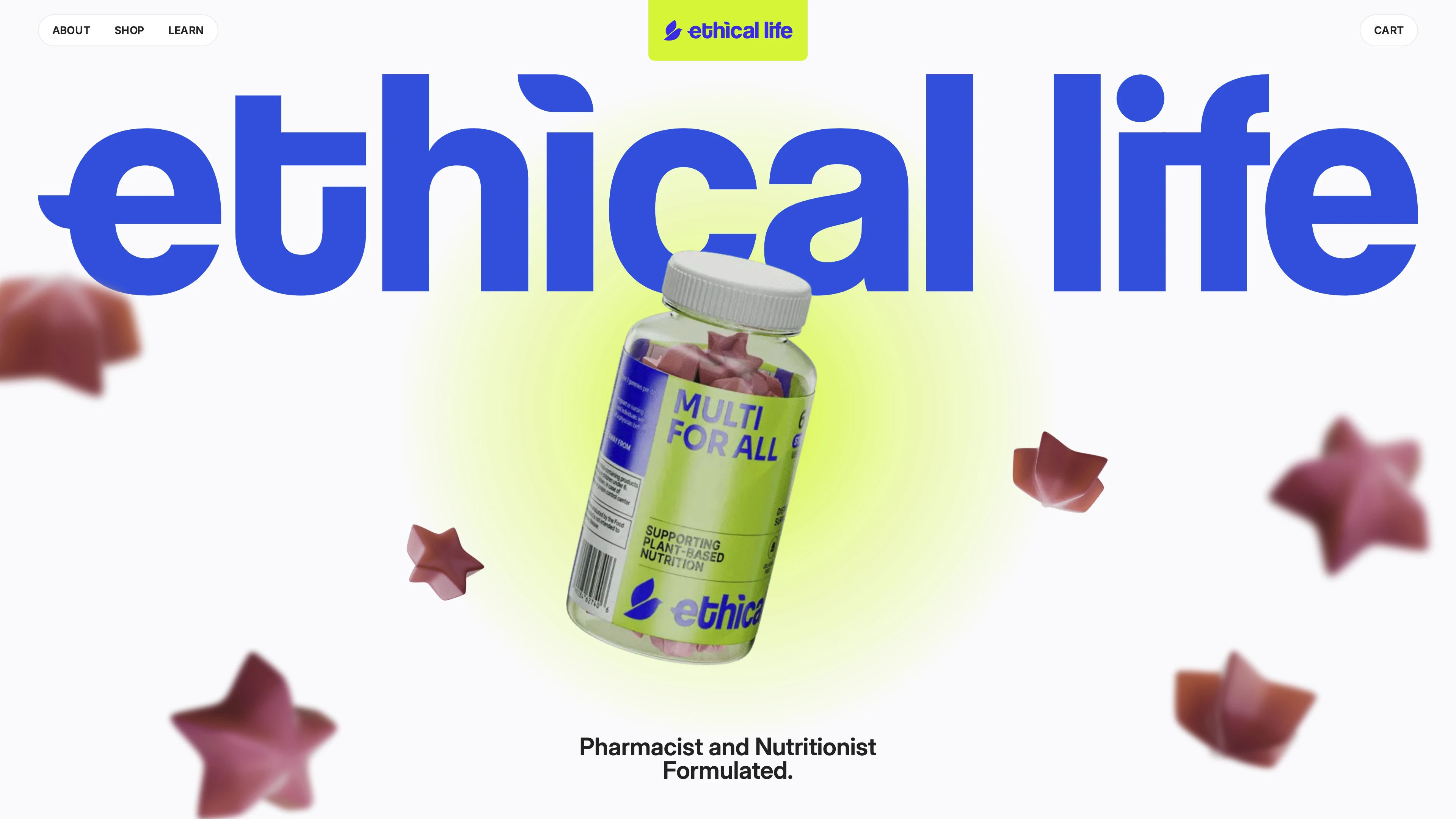 Full page screenshot of the Ethical Life website. Ethical Life provides a gummy vitamin solution for health-conscious individuals …