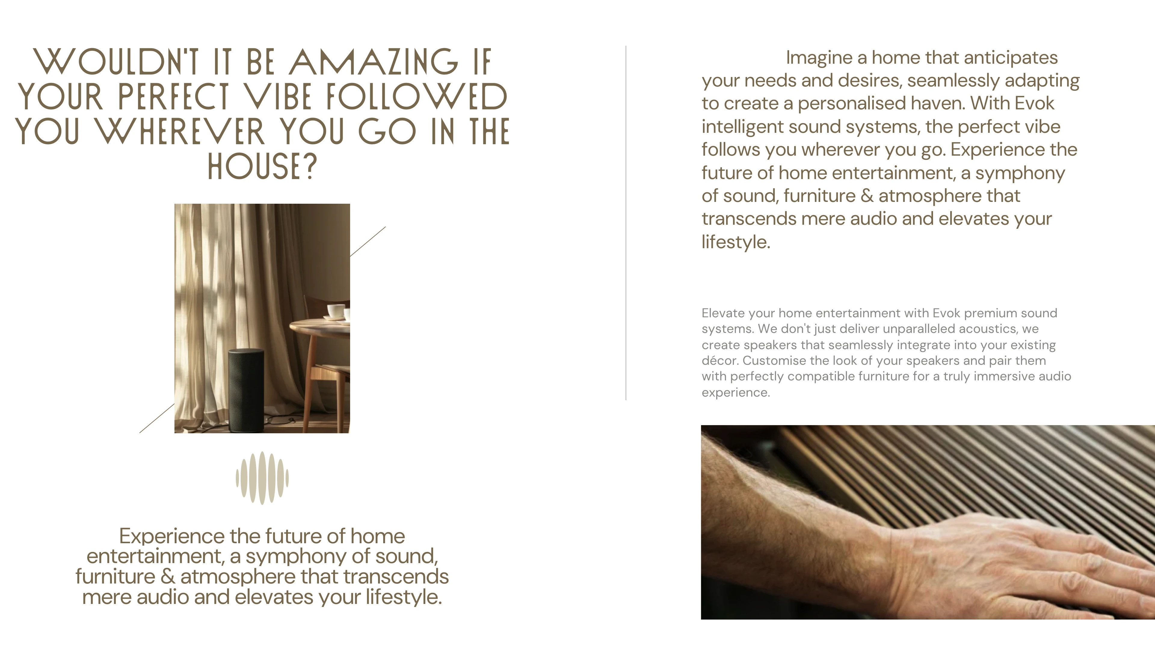 Full page screenshot of the EVOK website. Experience the future of home entertainment, a symphony of sound, furniture & …