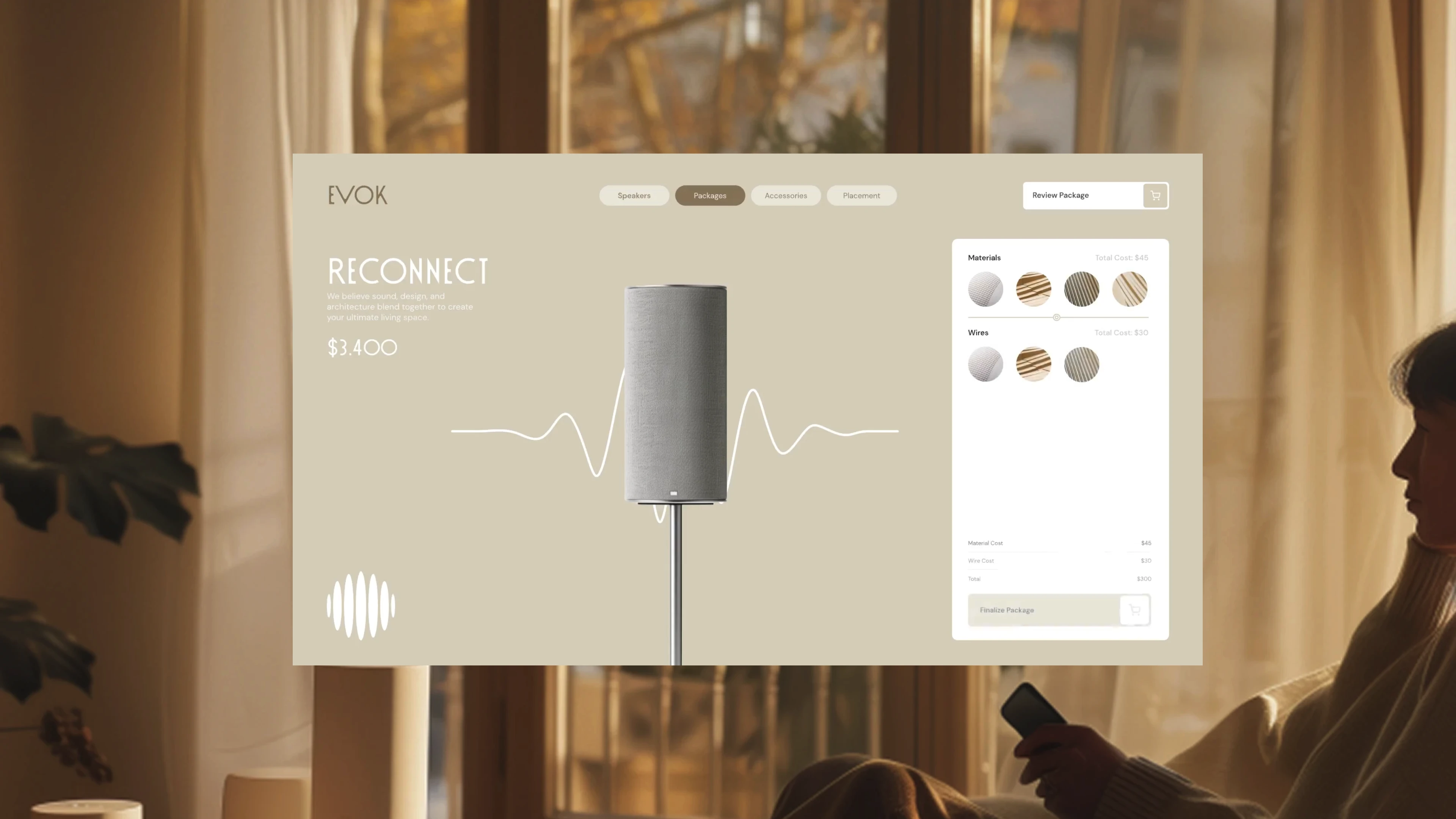 Full page screenshot of the EVOK website. Experience the future of home entertainment, a symphony of sound, furniture & …
