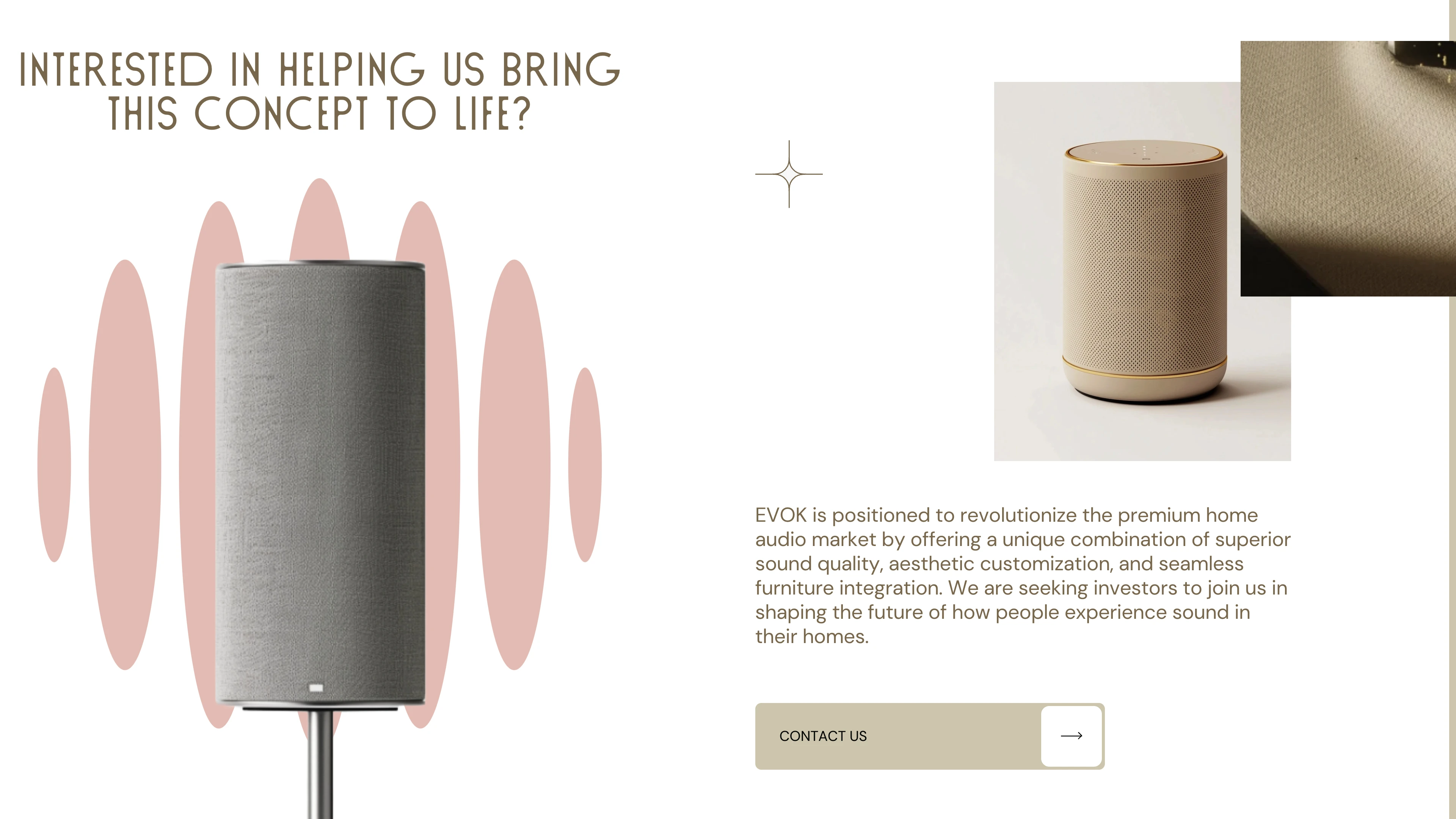 Full page screenshot of the EVOK website. Experience the future of home entertainment, a symphony of sound, furniture & …