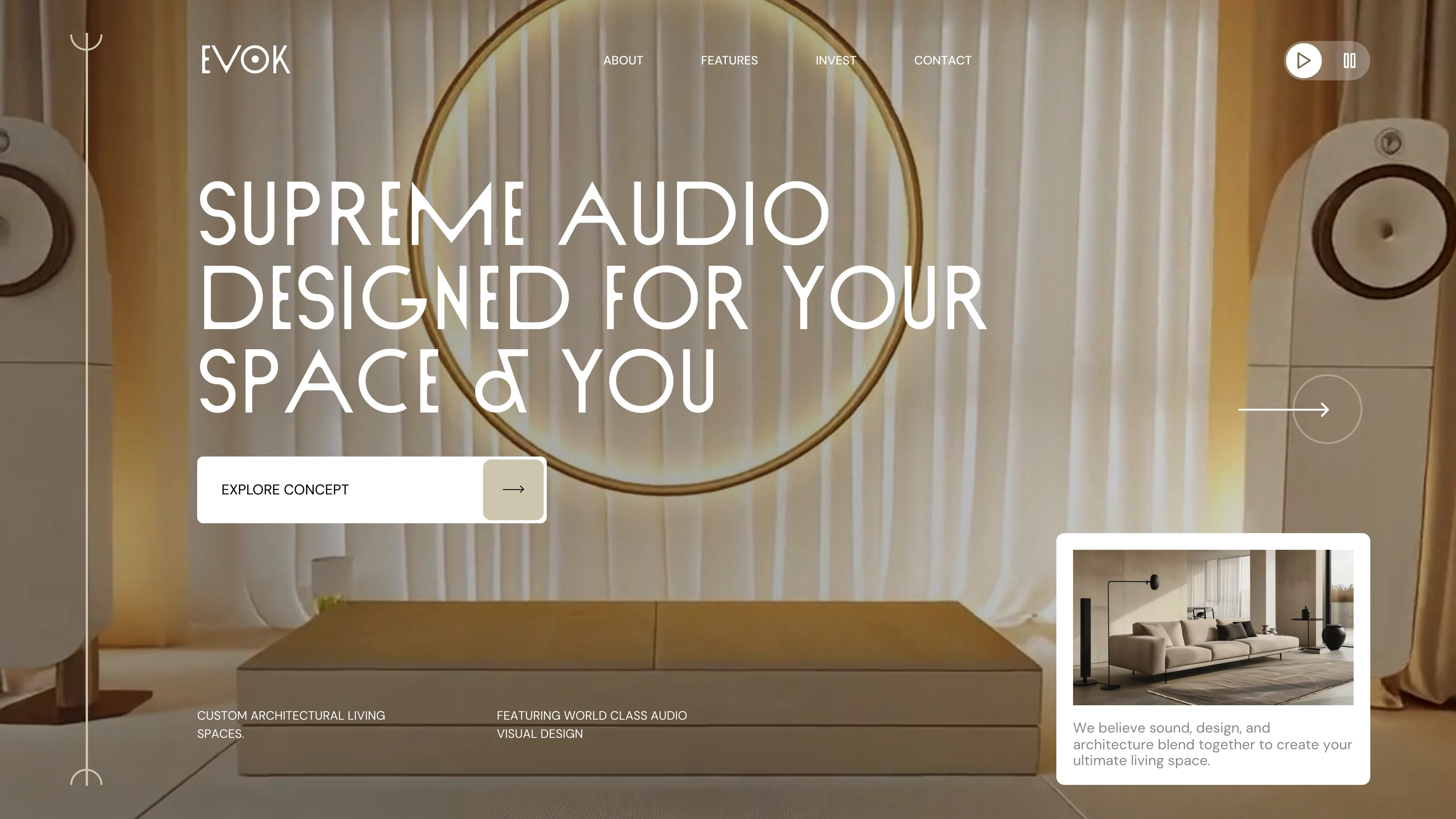 Full page screenshot of the EVOK website. Experience the future of home entertainment, a symphony of sound, furniture & …