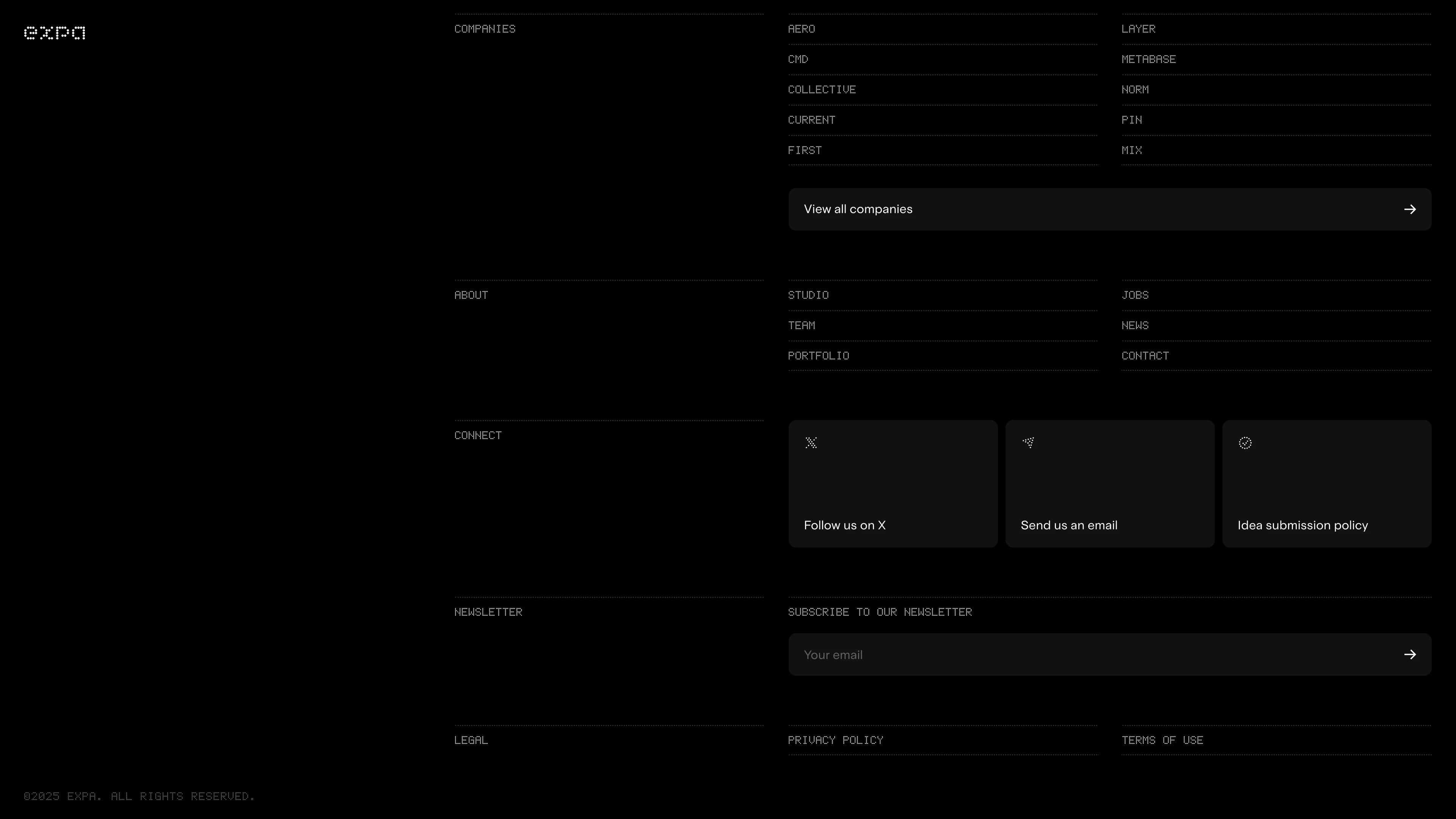 Full page screenshot of the Expa website. Where ideas expand into ventures. Expa Studio combines design expertise, …