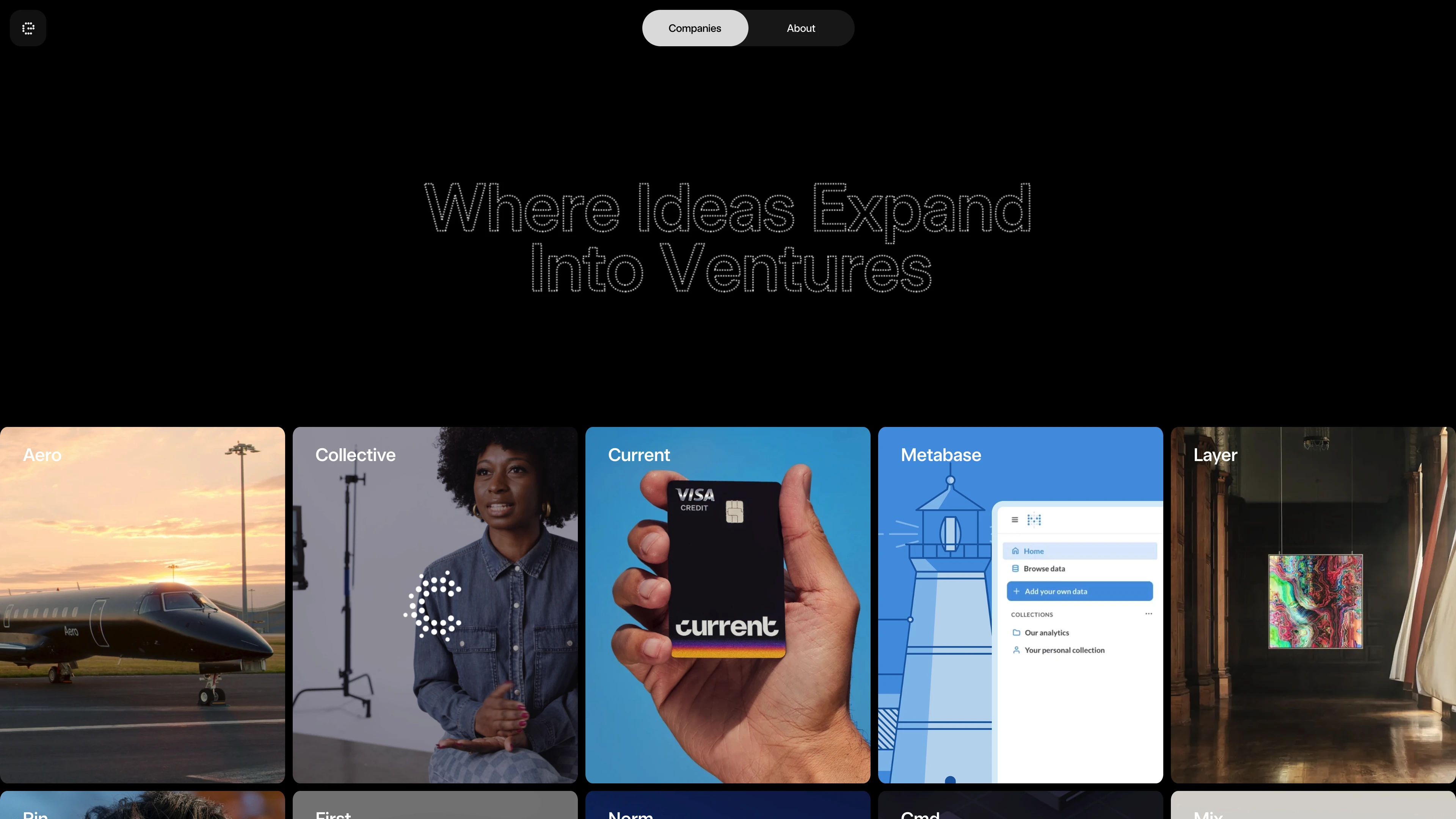Full page screenshot of the Expa website. Where ideas expand into ventures. Expa Studio combines design expertise, …